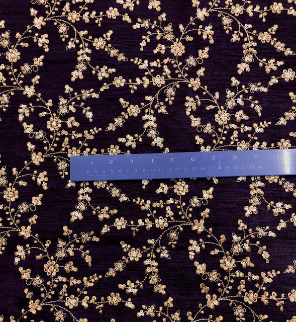 Indian Embroidered Fabric in Dark purple and gold color,  Multiple lengths will come in the continuous piece - NF476