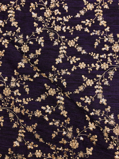 Indian Embroidered Fabric in Dark purple and gold color,  Multiple lengths will come in the continuous piece - NF476