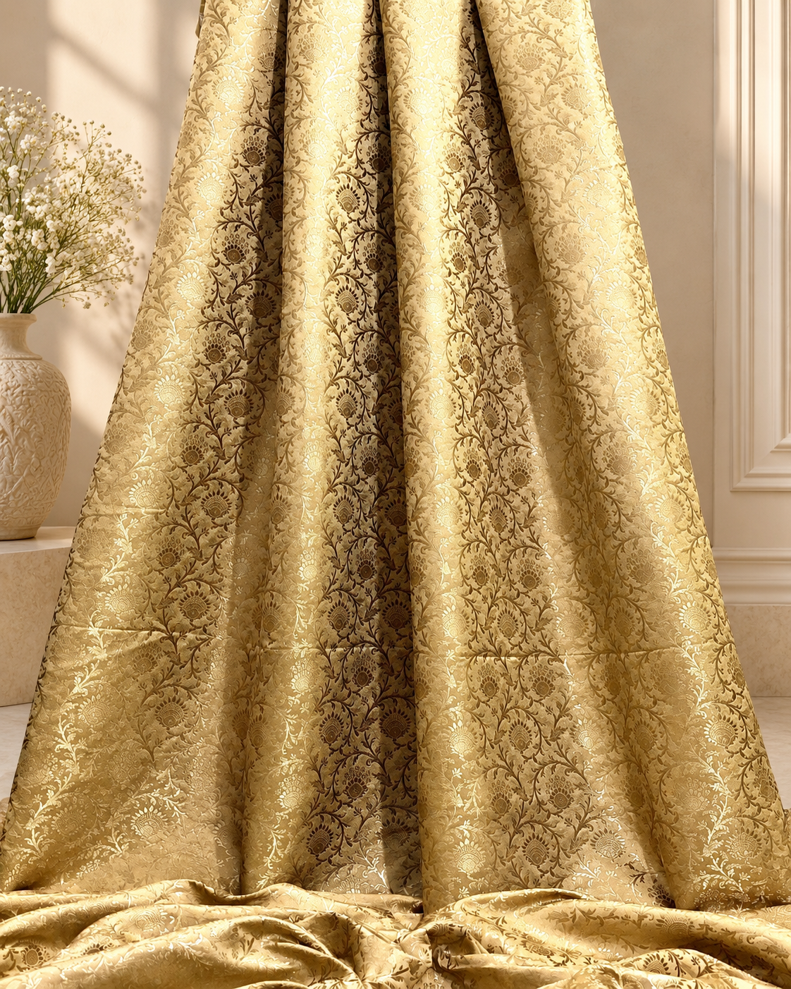 Indian Banarasi Brocade fabric, Beige and gold Jacquard fabric, Floral brocade, Home décor fabric, Wedding inspiration, Historical fabric - NFAF484