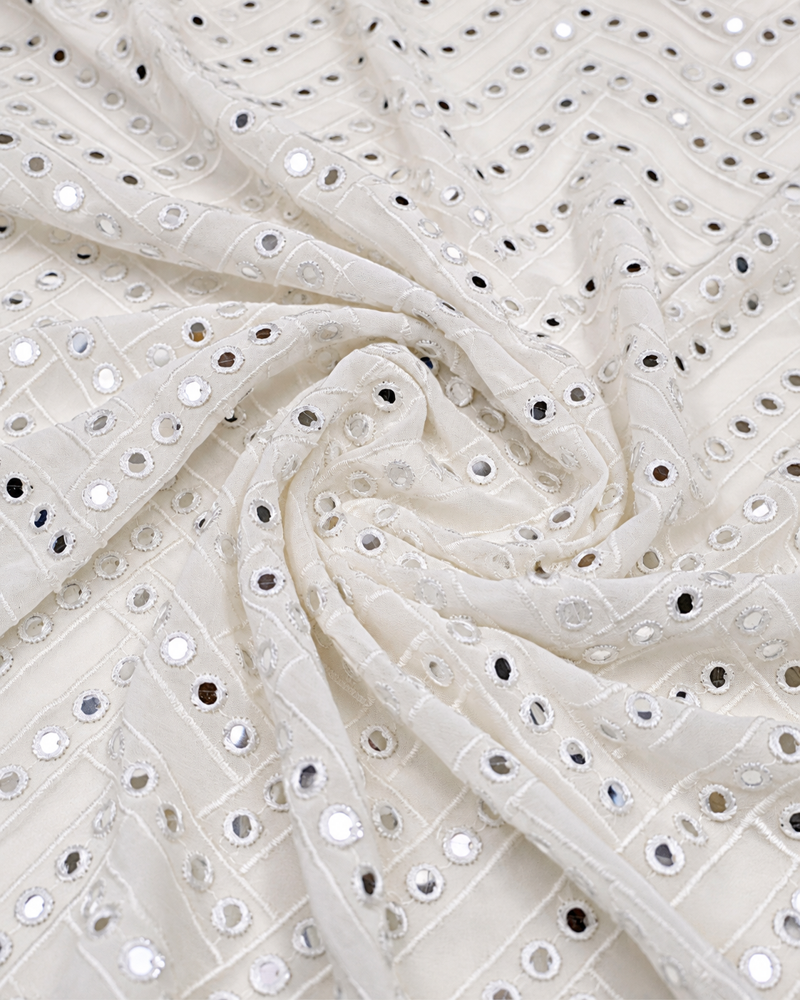 Embroidered fabric White Georgette Dyeable MirrorWork fabric Wedding Bridal dress Fabric Lehenga Salwar Suit Dupatta fabric By the Yard