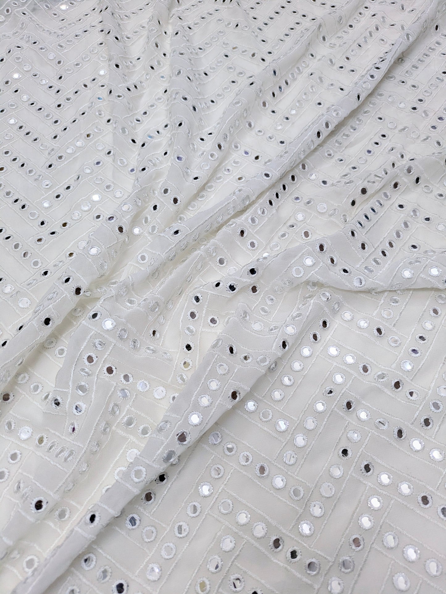 Embroidered fabric White Georgette Dyeable MirrorWork fabric Wedding Bridal dress Fabric Lehenga Salwar Suit Dupatta fabric By the Yard