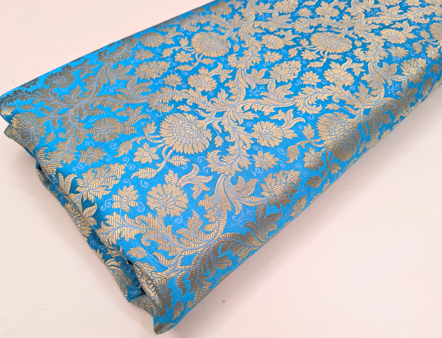 Banarasi Brocade Fabric, Blue Gold Jacquard fabric, Home décor fabric, Floral brocade, Fabric by the yard/meter - NFAF488