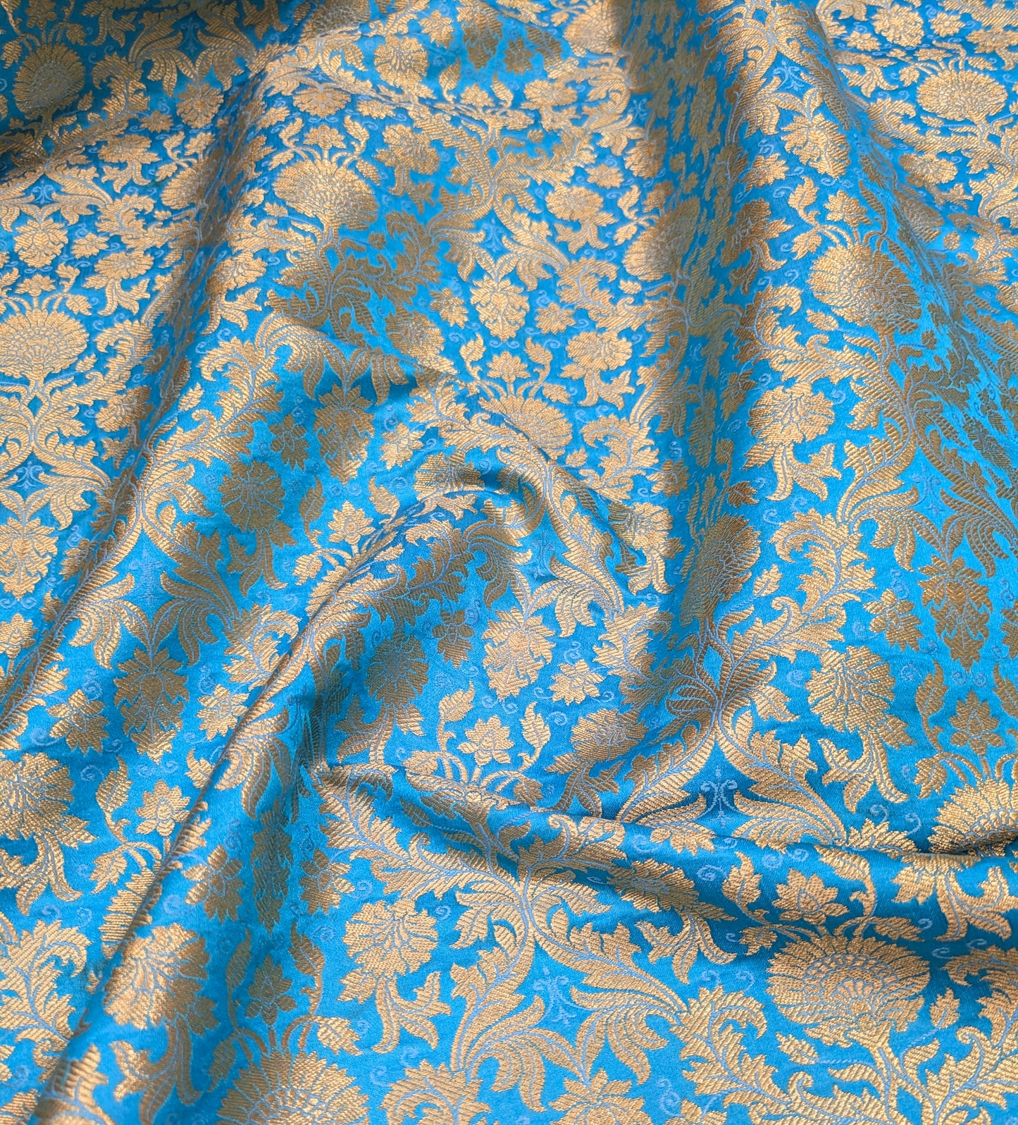 Banarasi Brocade Fabric, Blue Gold Jacquard fabric, Home décor fabric, Floral brocade, Fabric by the yard/meter - NFAF488