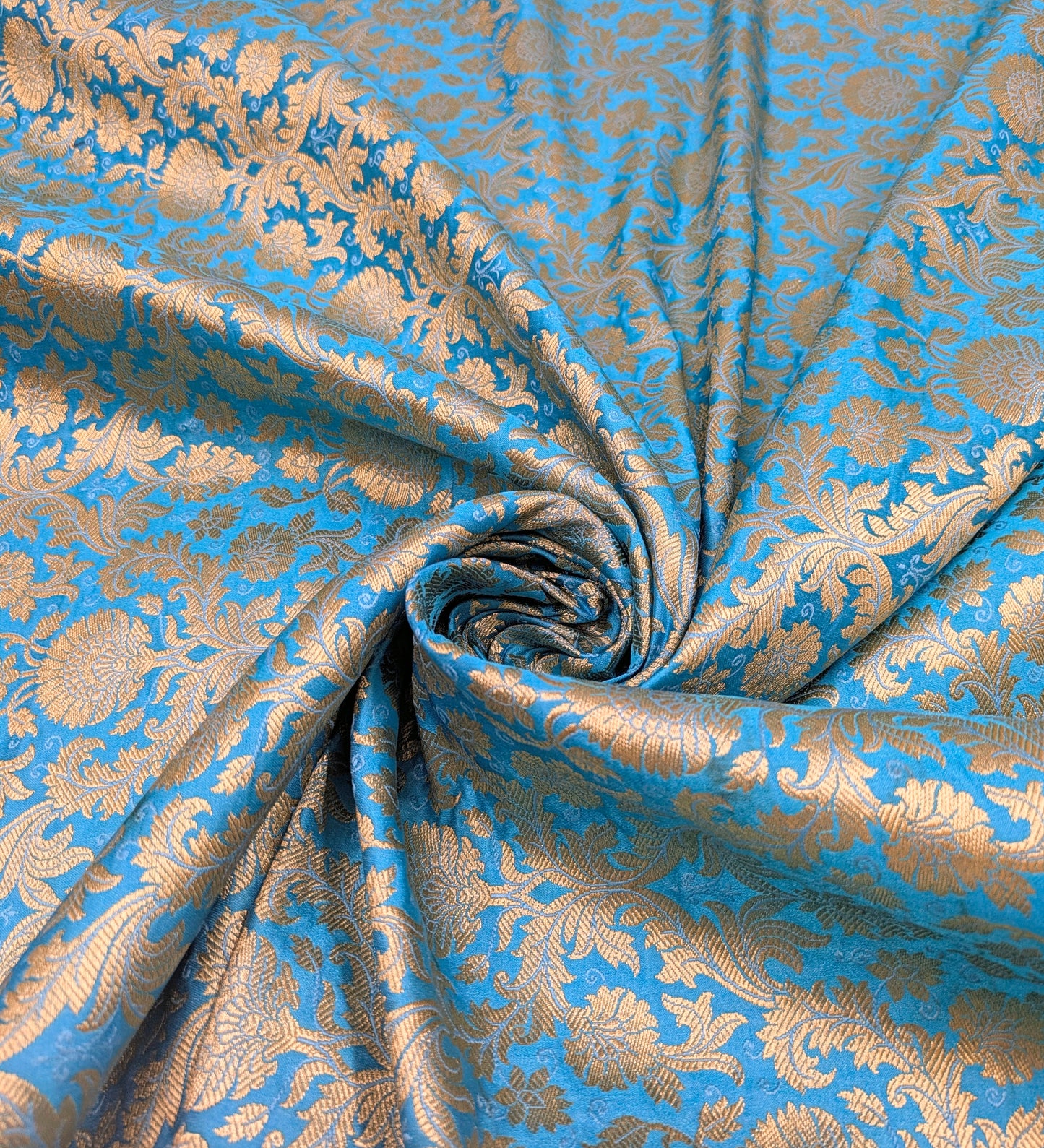 Banarasi Brocade Fabric, Blue Gold Jacquard fabric, Home décor fabric, Floral brocade, Fabric by the yard/meter - NFAF488