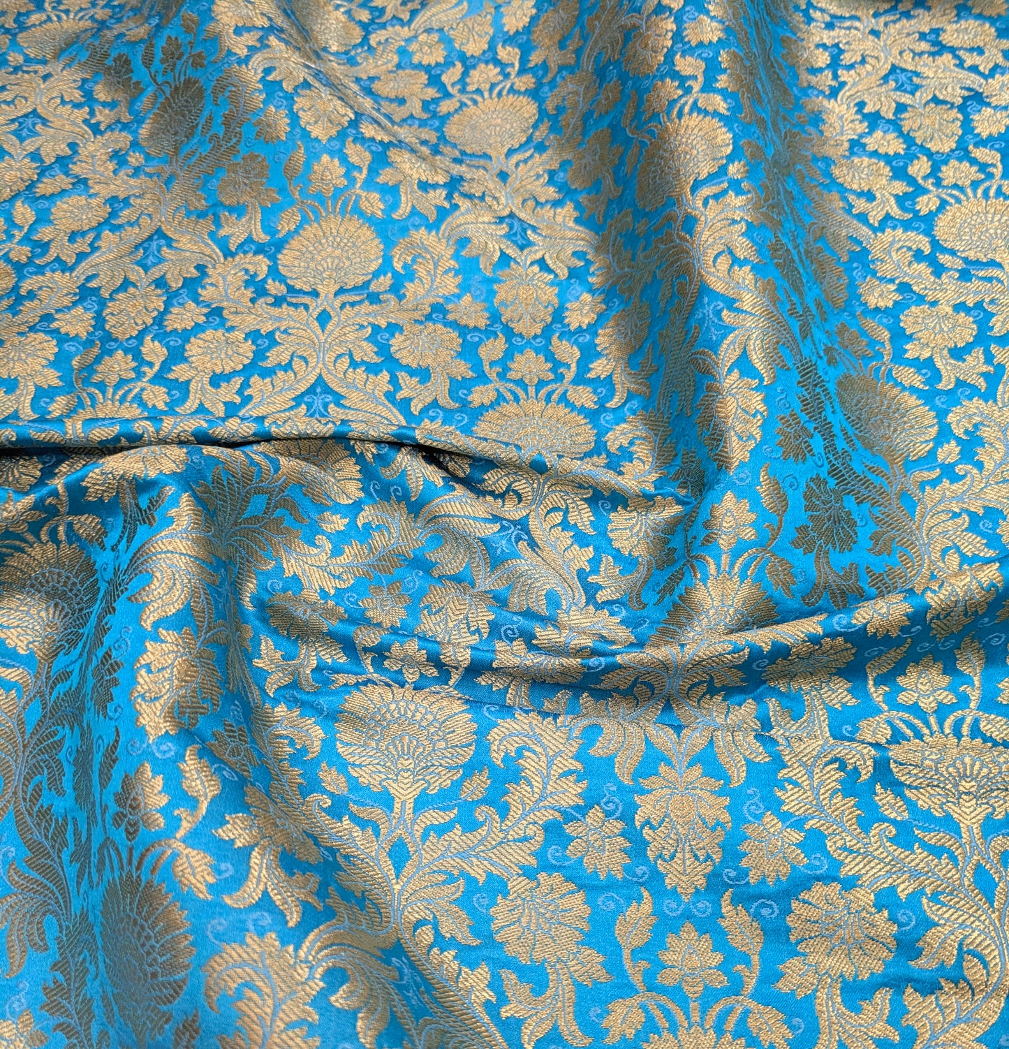Banarasi Brocade Fabric, Blue Gold Jacquard fabric, Home décor fabric, Floral brocade, Fabric by the yard/meter - NFAF488