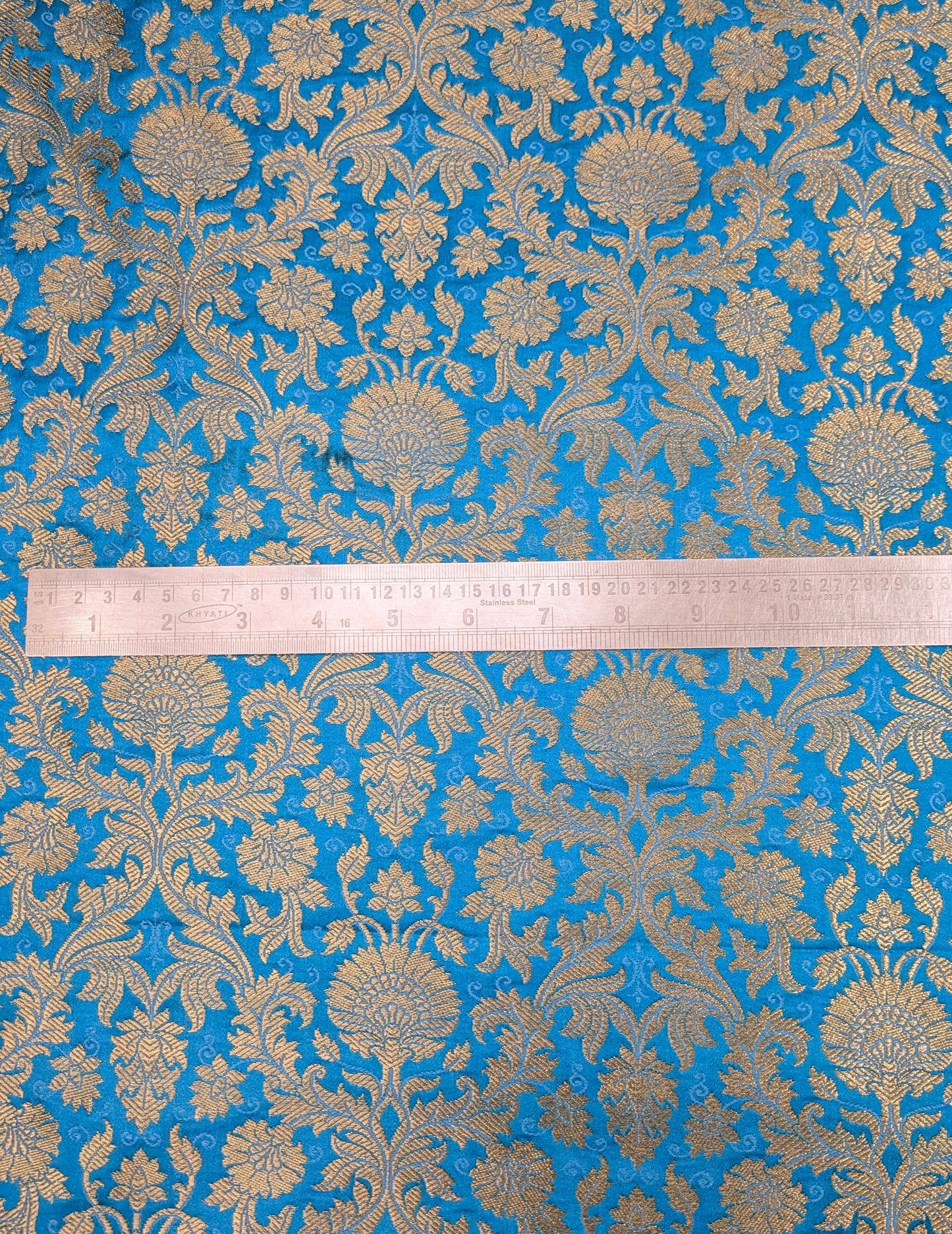Banarasi Brocade Fabric, Blue Gold Jacquard fabric, Home décor fabric, Floral brocade, Fabric by the yard/meter - NFAF488