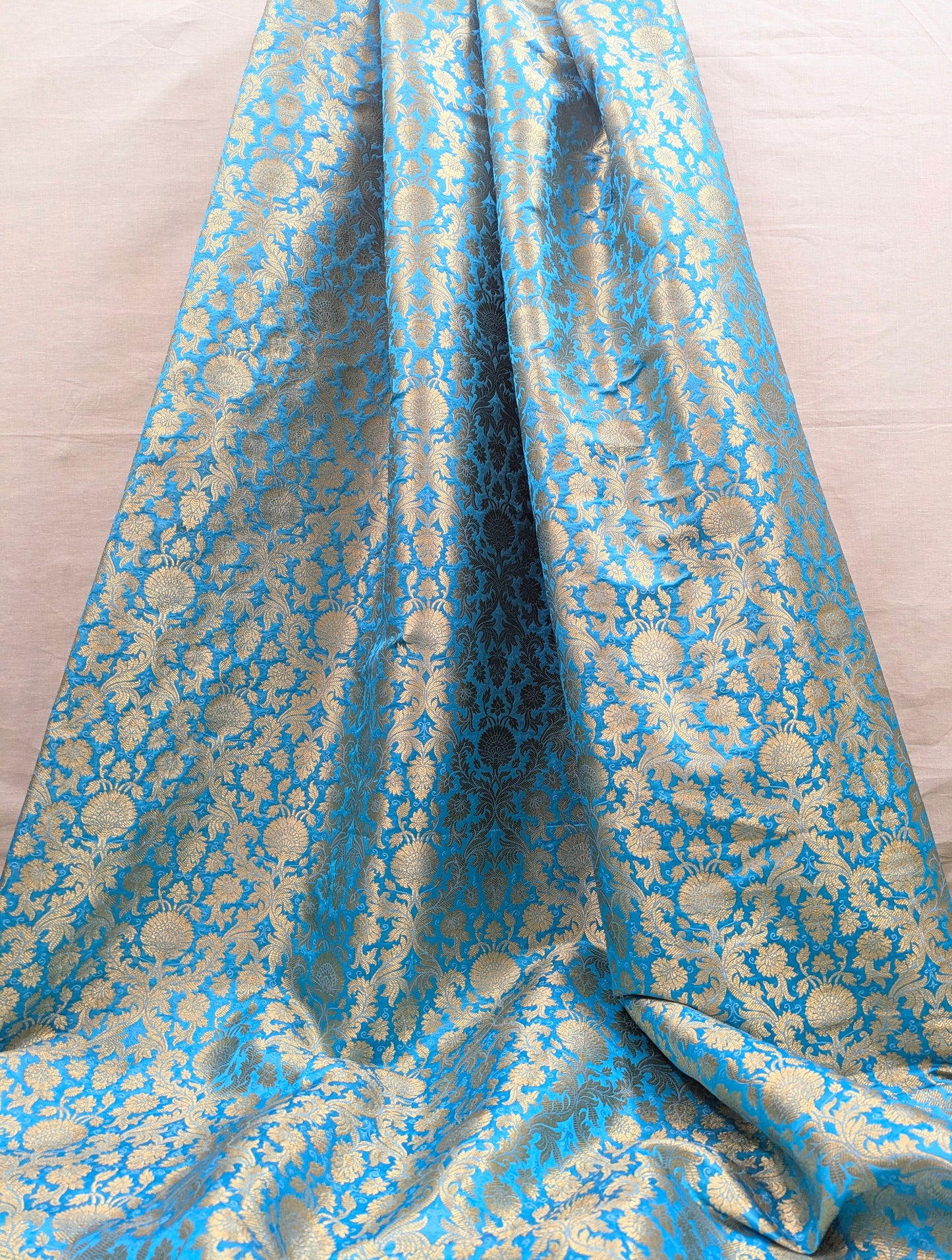 Banarasi Brocade Fabric, Blue Gold Jacquard fabric, Home décor fabric, Floral brocade, Fabric by the yard/meter - NFAF488