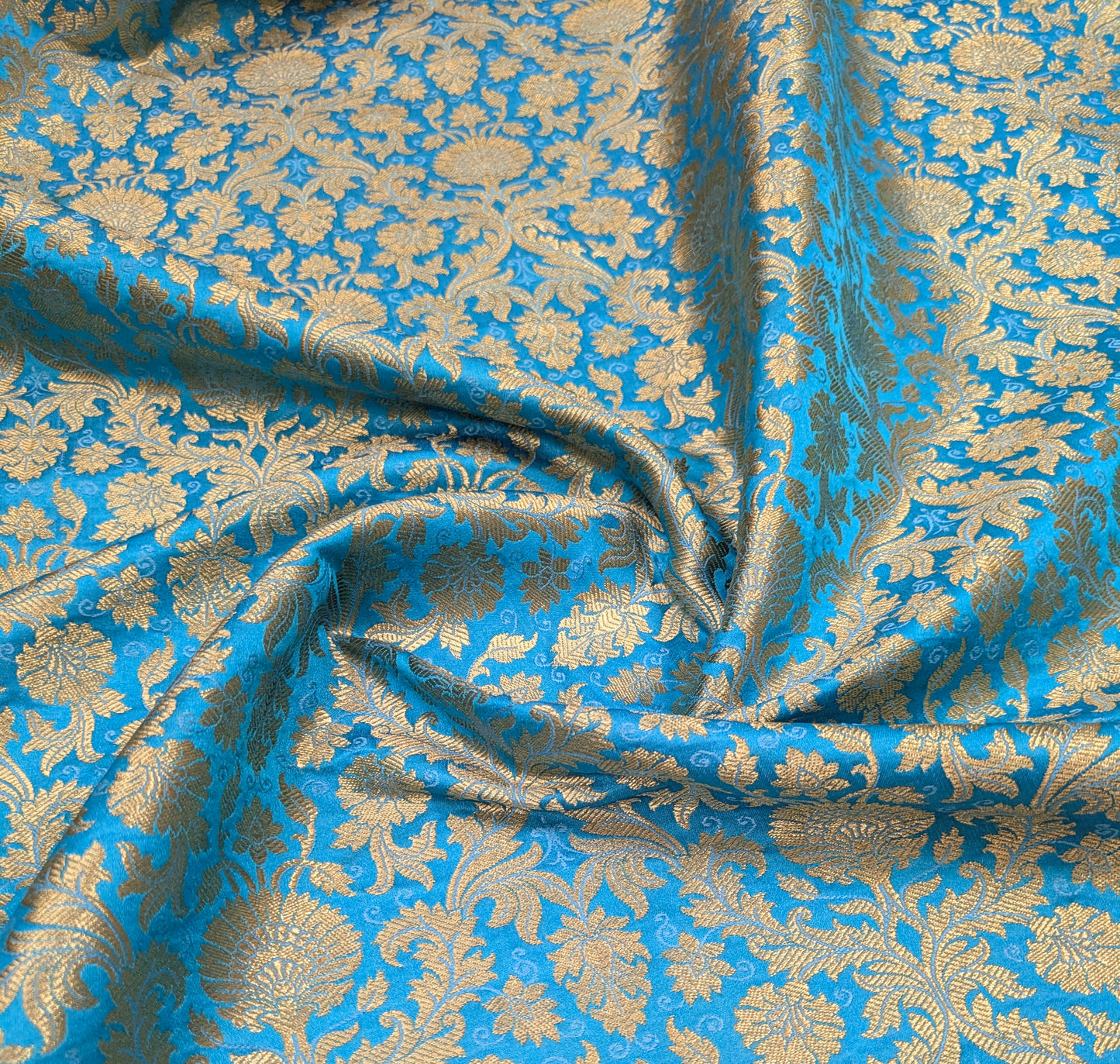 Banarasi Brocade Fabric, Blue Gold Jacquard fabric, Home décor fabric, Floral brocade, Fabric by the yard/meter - NFAF488