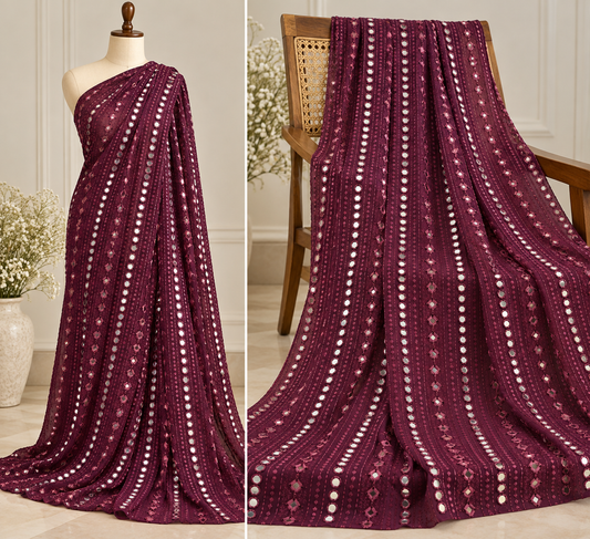 Wine embroidered fabric,  Georgette foil mirror fabric, Wedding dress, Bridesmaid dress, Luxury fabric, Fashion fabric, Gold fabric - NFAF494