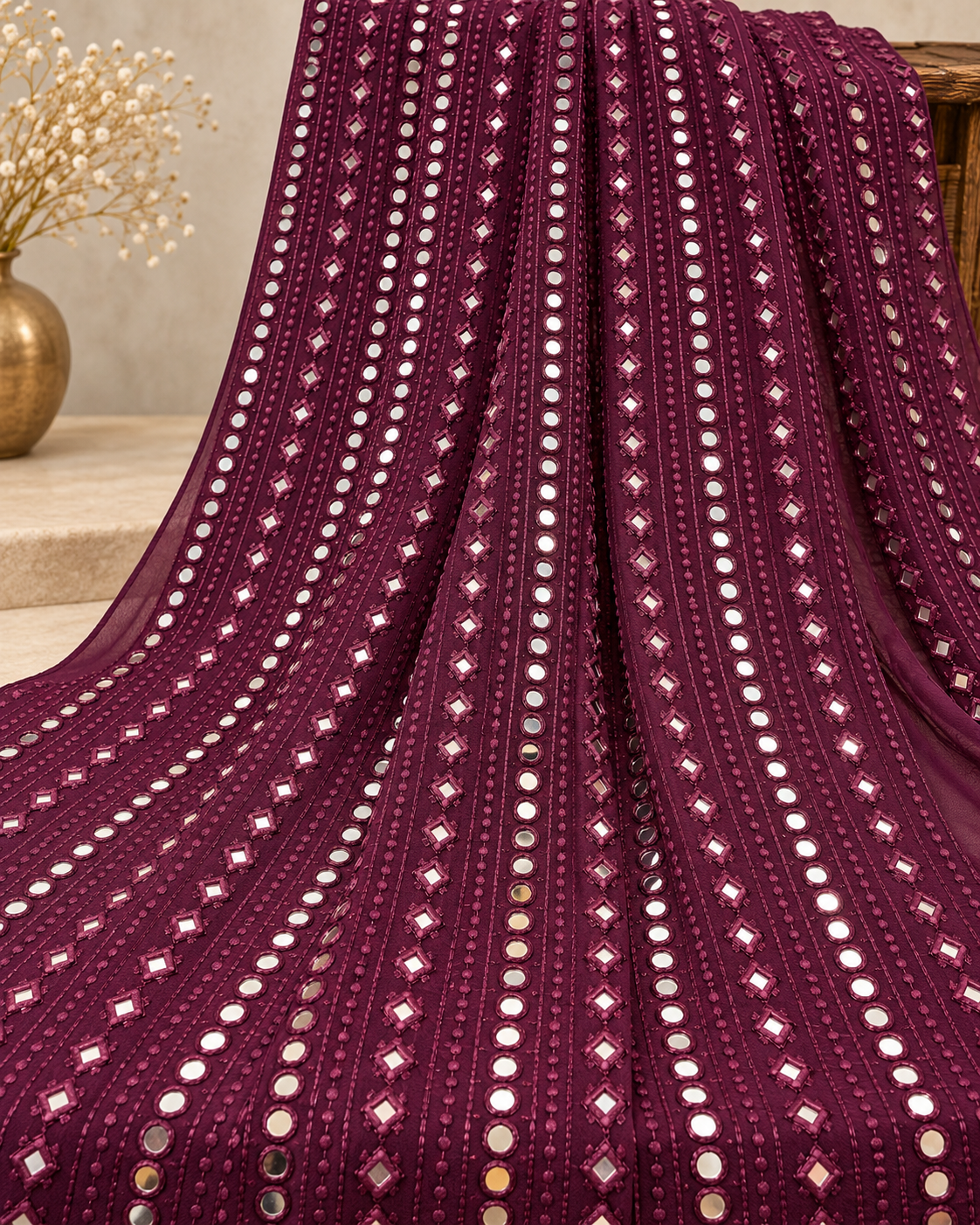 Wine embroidered fabric,  Georgette foil mirror fabric, Wedding dress, Bridesmaid dress, Luxury fabric, Fashion fabric, Gold fabric - NFAF494