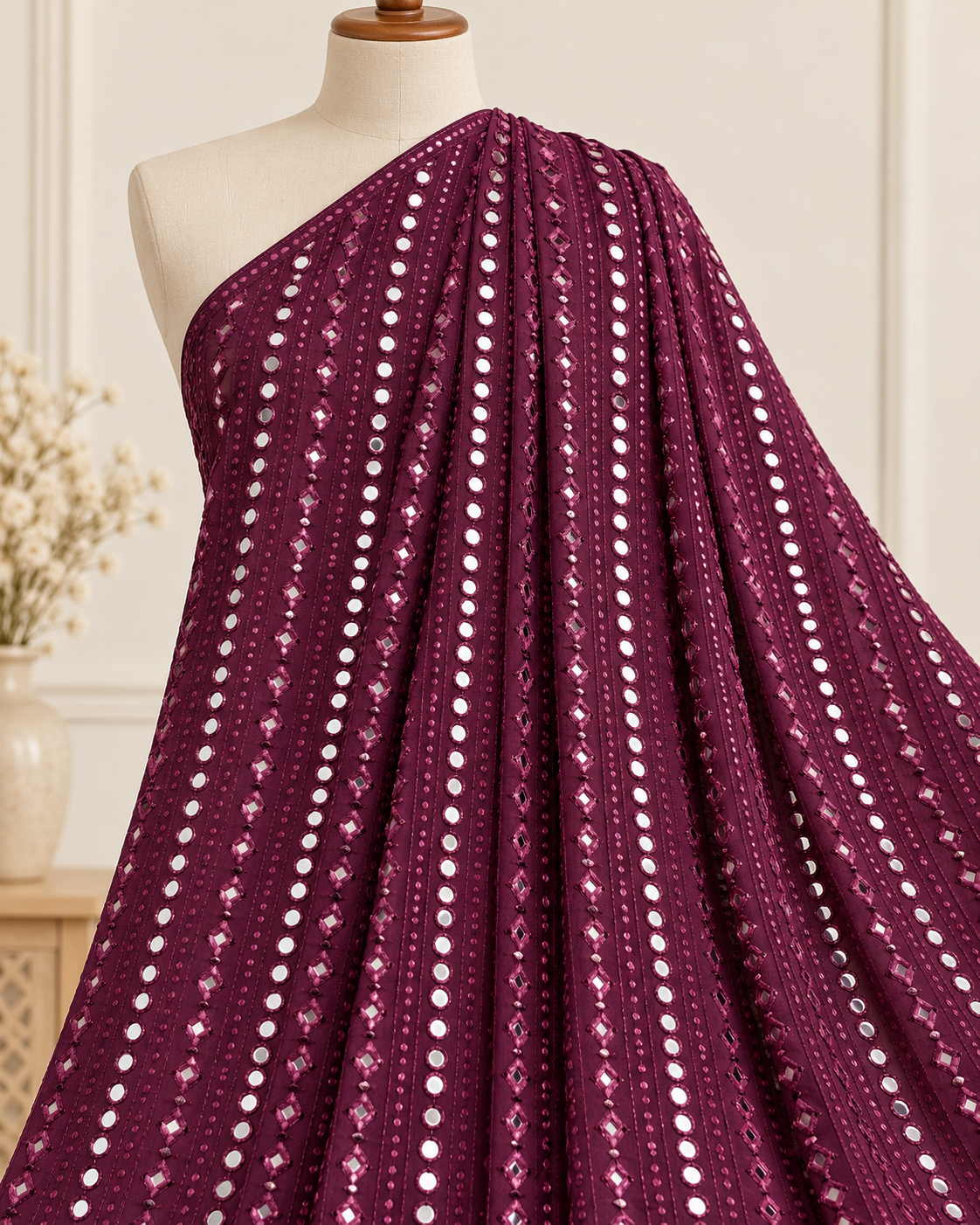 Wine embroidered fabric,  Georgette foil mirror fabric, Wedding dress, Bridesmaid dress, Luxury fabric, Fashion fabric, Gold fabric - NFAF494