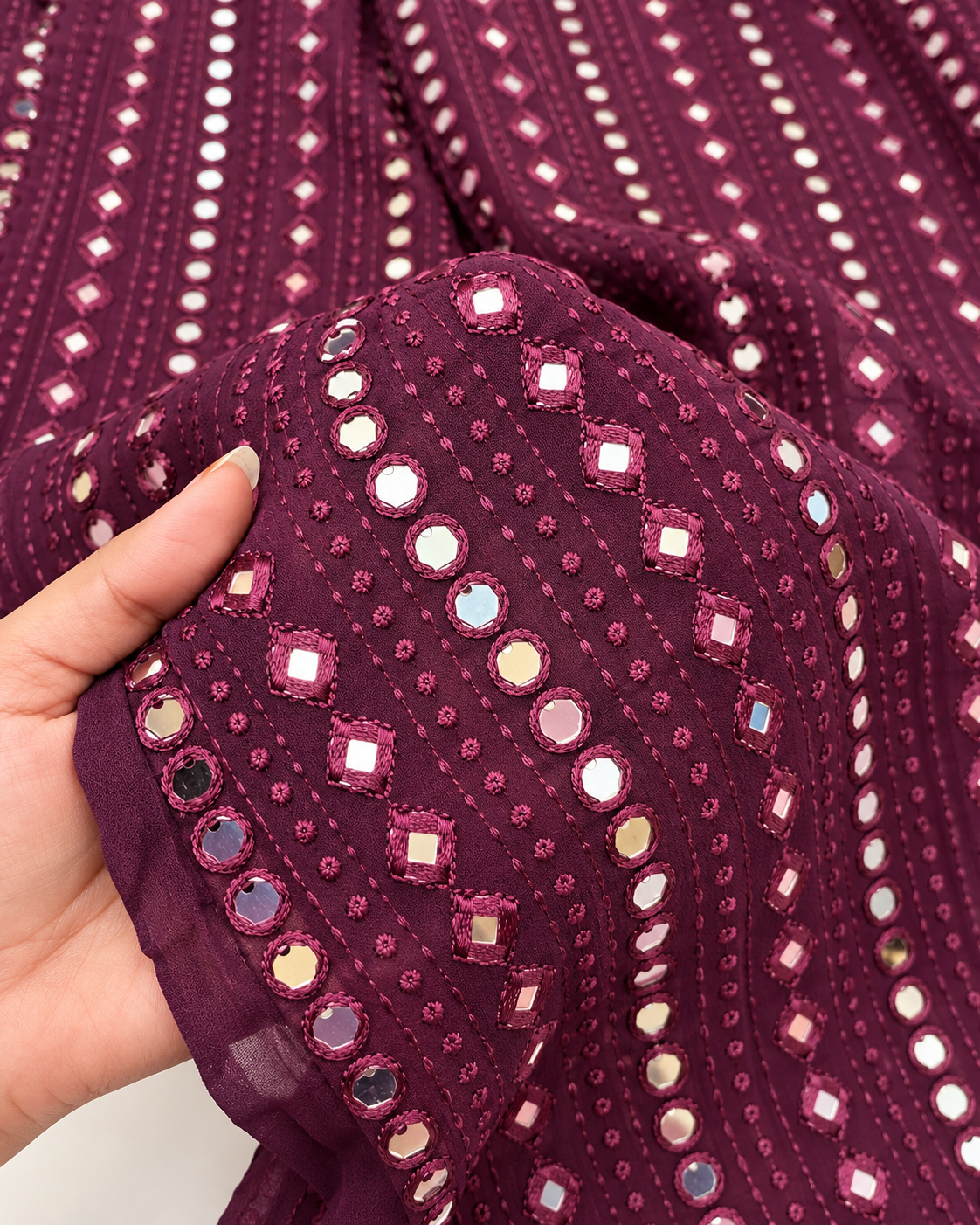 Wine embroidered fabric,  Georgette foil mirror fabric, Wedding dress, Bridesmaid dress, Luxury fabric, Fashion fabric, Gold fabric - NFAF494