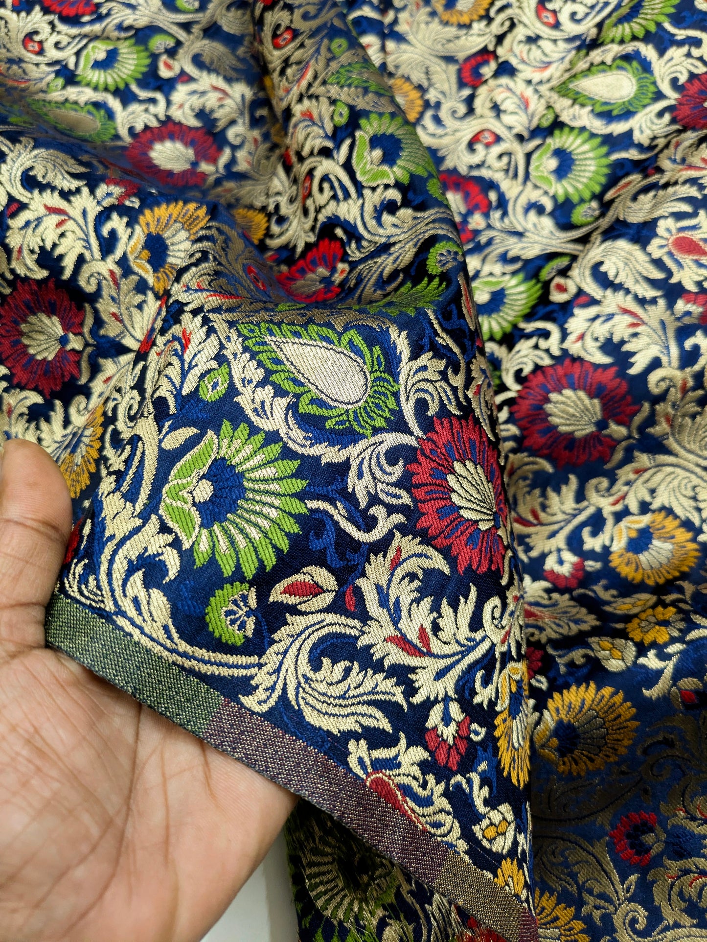 Indian banarasi brocade fabric Blue gold Jacquard fabric Home décor fabric Floral brocade Medieval fabric Artisanal textile - NFAF498