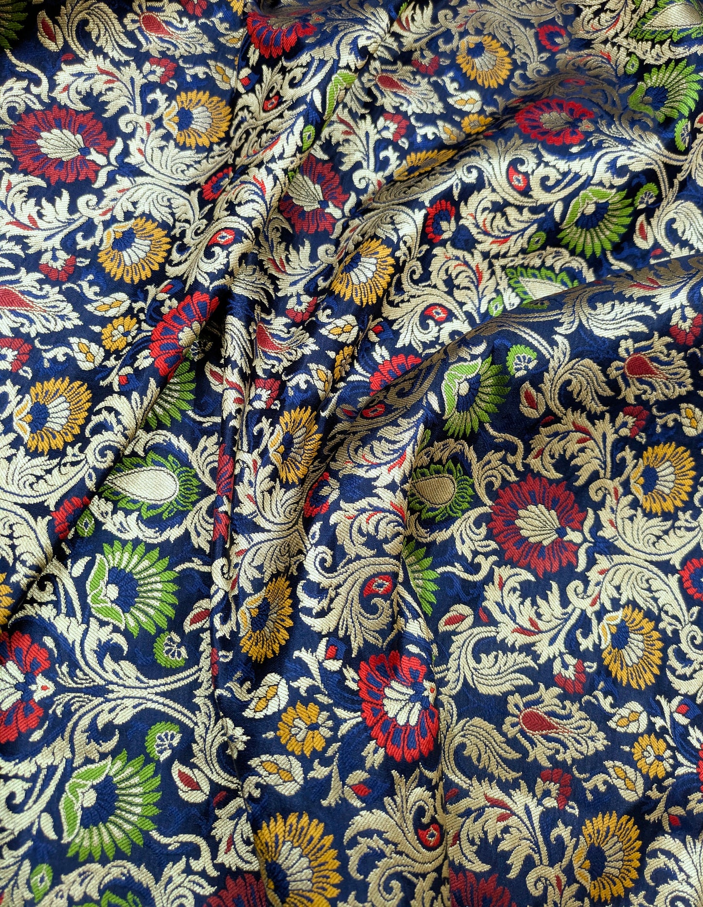 Indian banarasi brocade fabric Blue gold Jacquard fabric Home décor fabric Floral brocade Medieval fabric Artisanal textile - NFAF498