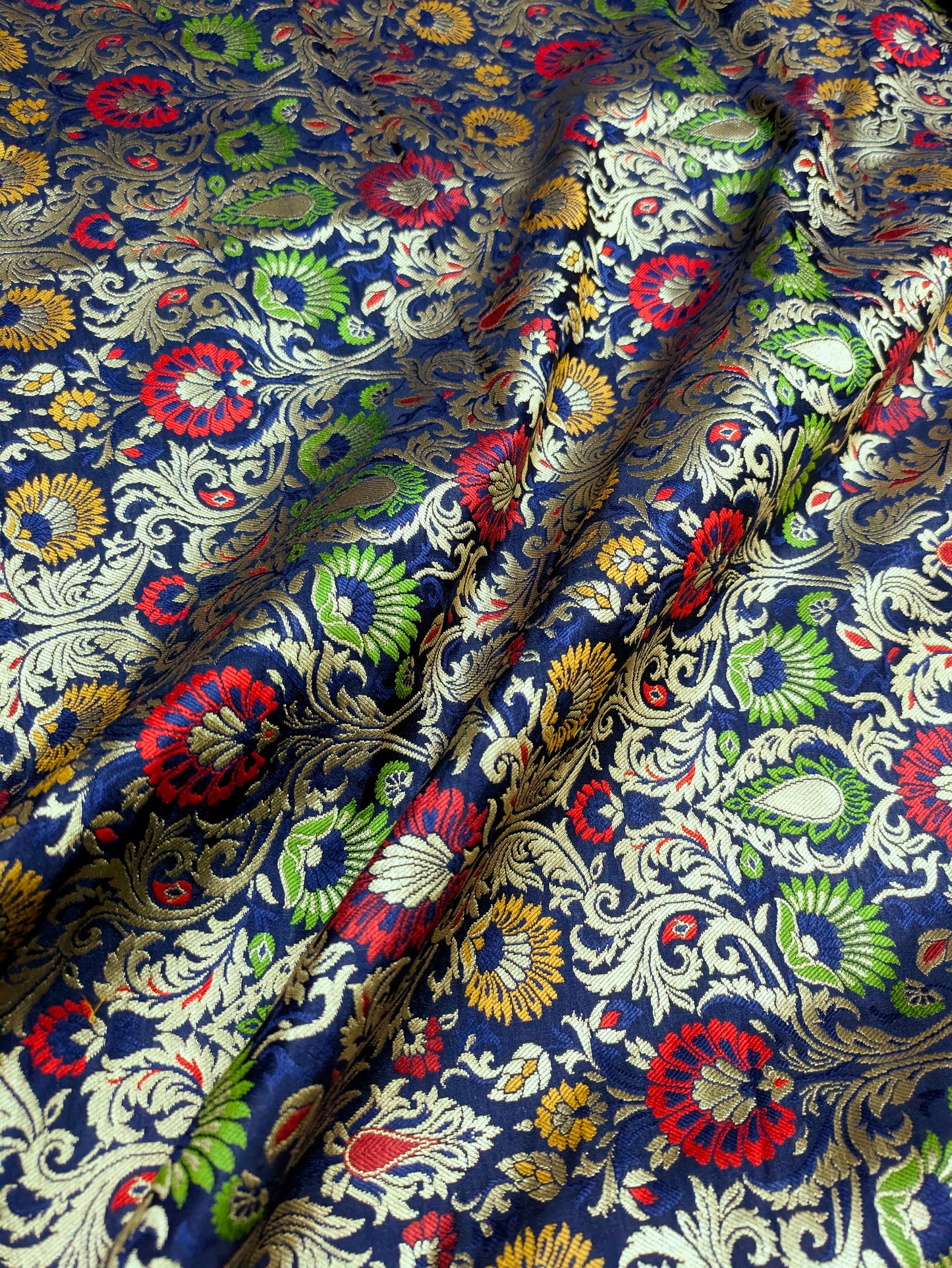 Indian banarasi brocade fabric Blue gold Jacquard fabric Home décor fabric Floral brocade Medieval fabric Artisanal textile - NFAF498