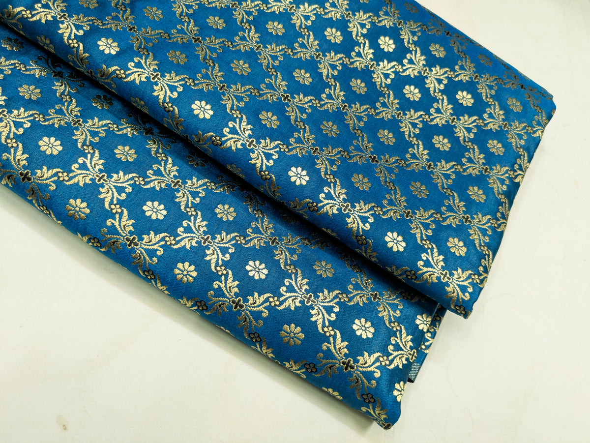 Indian Brocade fabric Turquoise and Gold Jacquard Rayon Silk brocade Fabric Wedding Bridal High Grade Designer fabric by the yard Material NFAF49