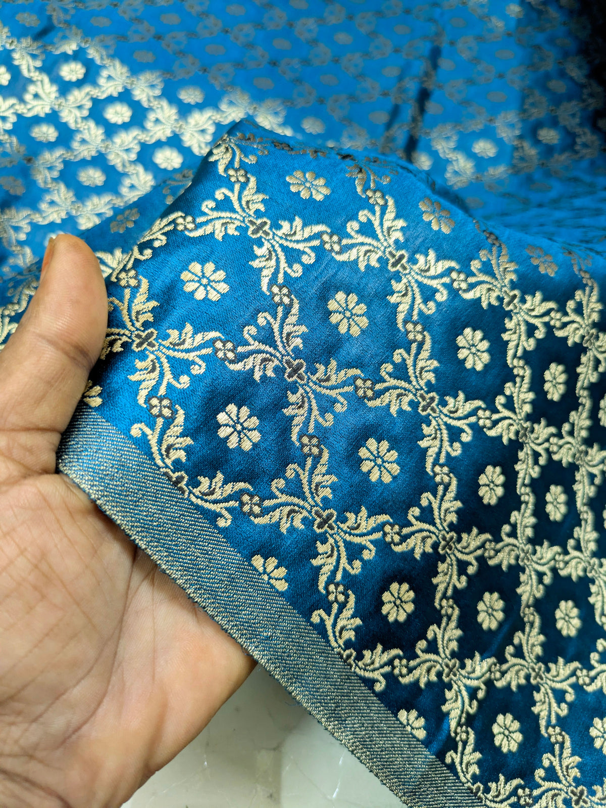 Indian Brocade fabric Turquoise and Gold Jacquard Rayon Silk brocade Fabric Wedding Bridal High Grade Designer fabric by the yard Material NFAF49