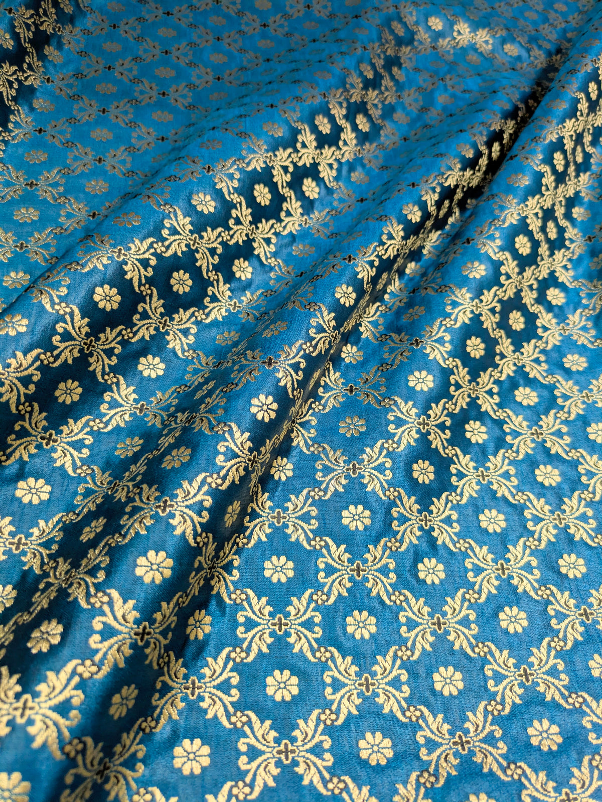 Indian Brocade fabric Turquoise and Gold Jacquard Rayon Silk brocade Fabric Wedding Bridal High Grade Designer fabric by the yard Material NFAF49
