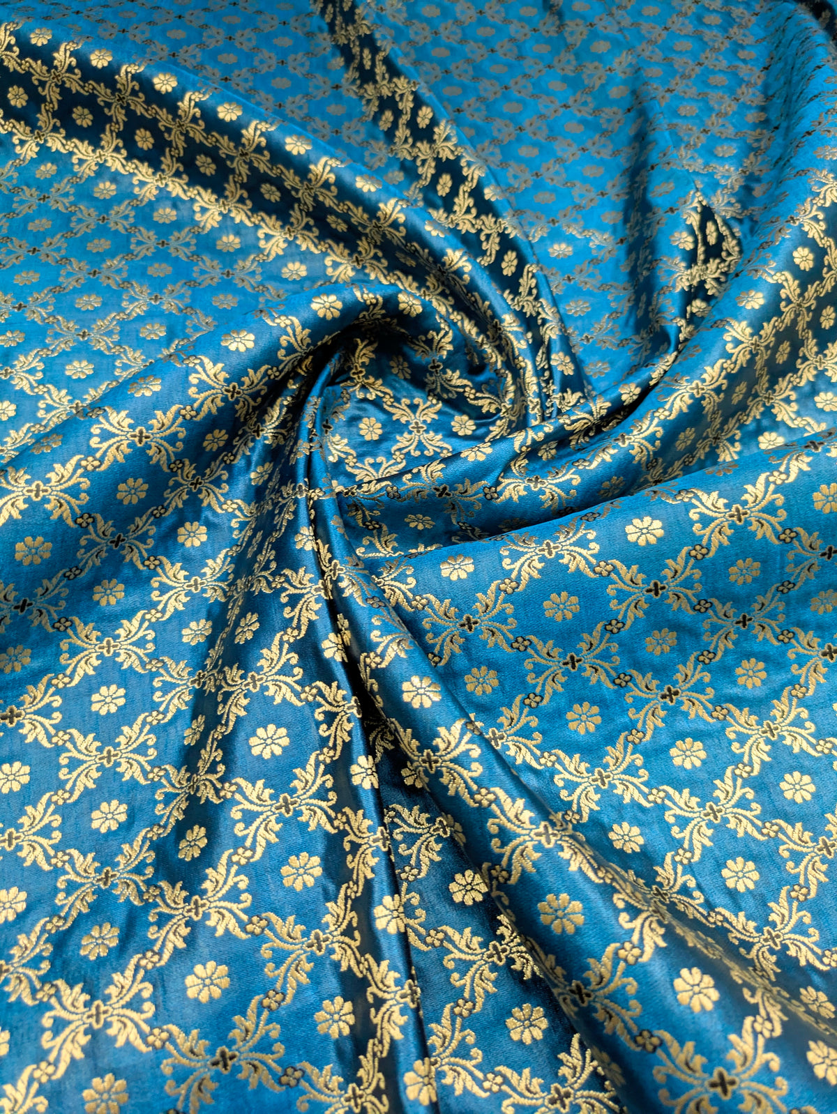 Indian Brocade fabric Turquoise and Gold Jacquard Rayon Silk brocade Fabric Wedding Bridal High Grade Designer fabric by the yard Material NFAF49