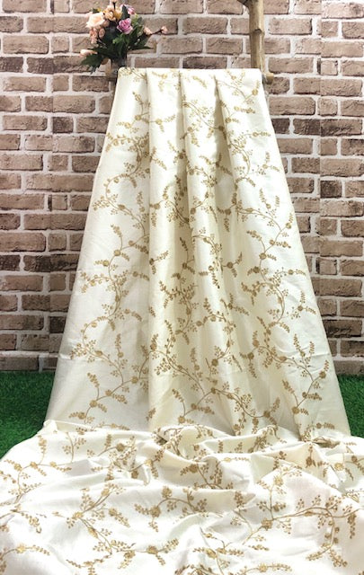 Indian Embroidered Fabric in Off White and Gold color, Multiple lengths will come in the continuous piece- NF500