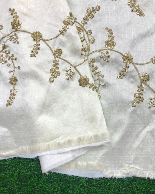 Indian Embroidered Fabric in Off White and Gold color, Multiple lengths will come in the continuous piece- NF500