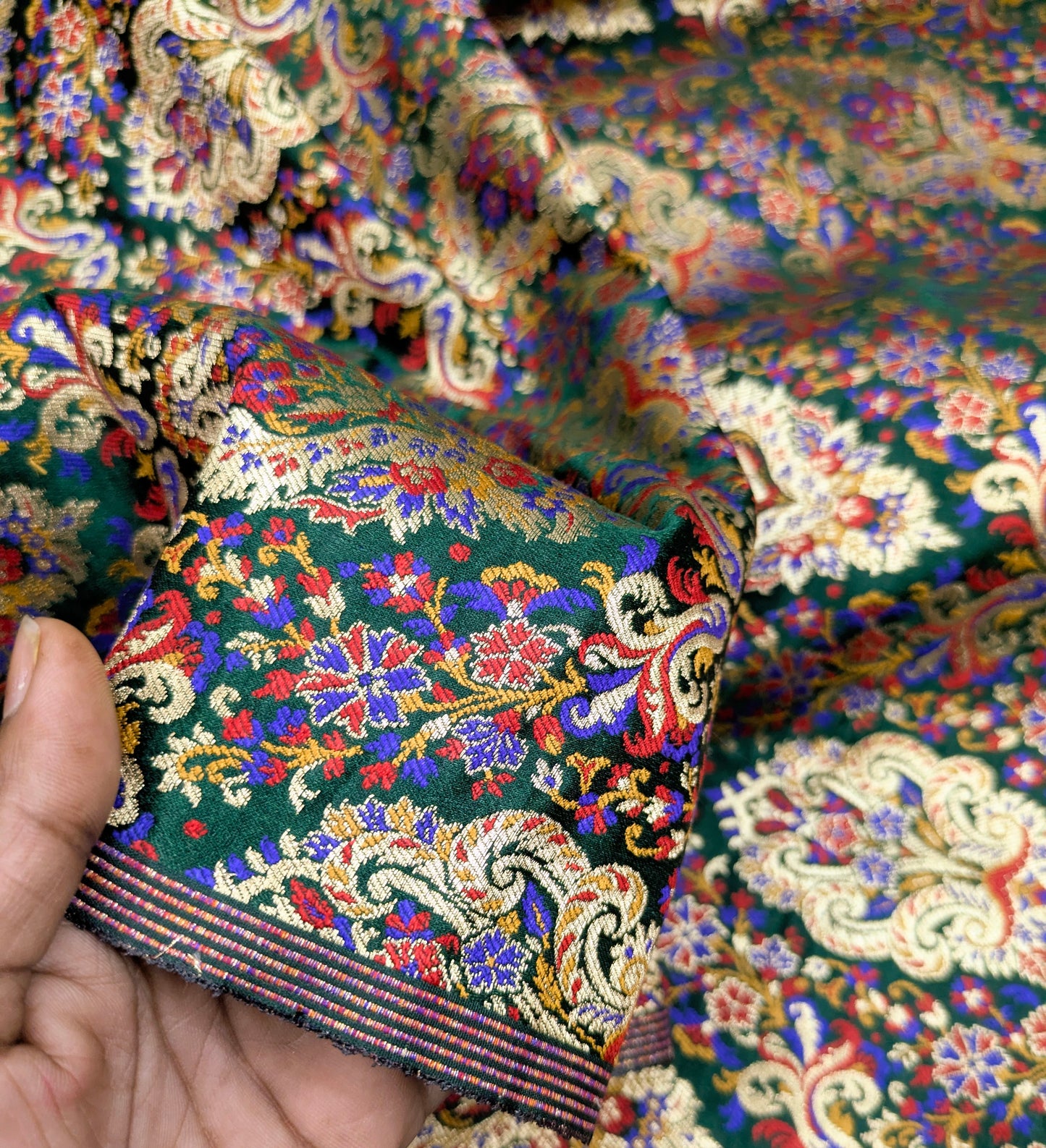 Indian Dark Green & Gold Indian Brocade Fabric Jacquard Damask Luxurious Brocade Fabric Festival wear Bridal fabric Upholstery fabric -NFAF501
