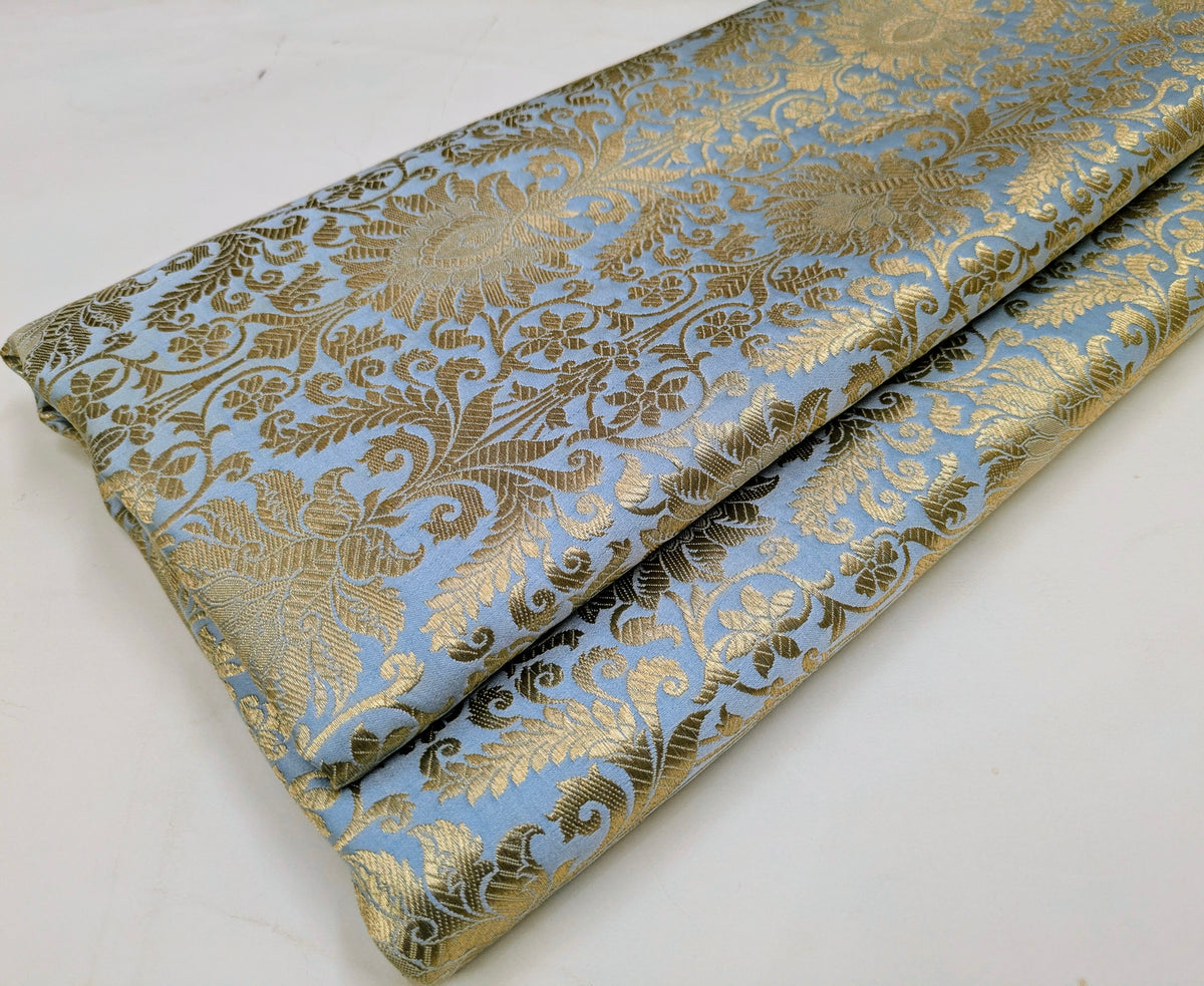 Indian Brocade fabric Jacquard damask fabric Grayish blue Gold fabric Wedding bridal fabric Luxury dress fabric Upholstery fabric by the yard NFAF510