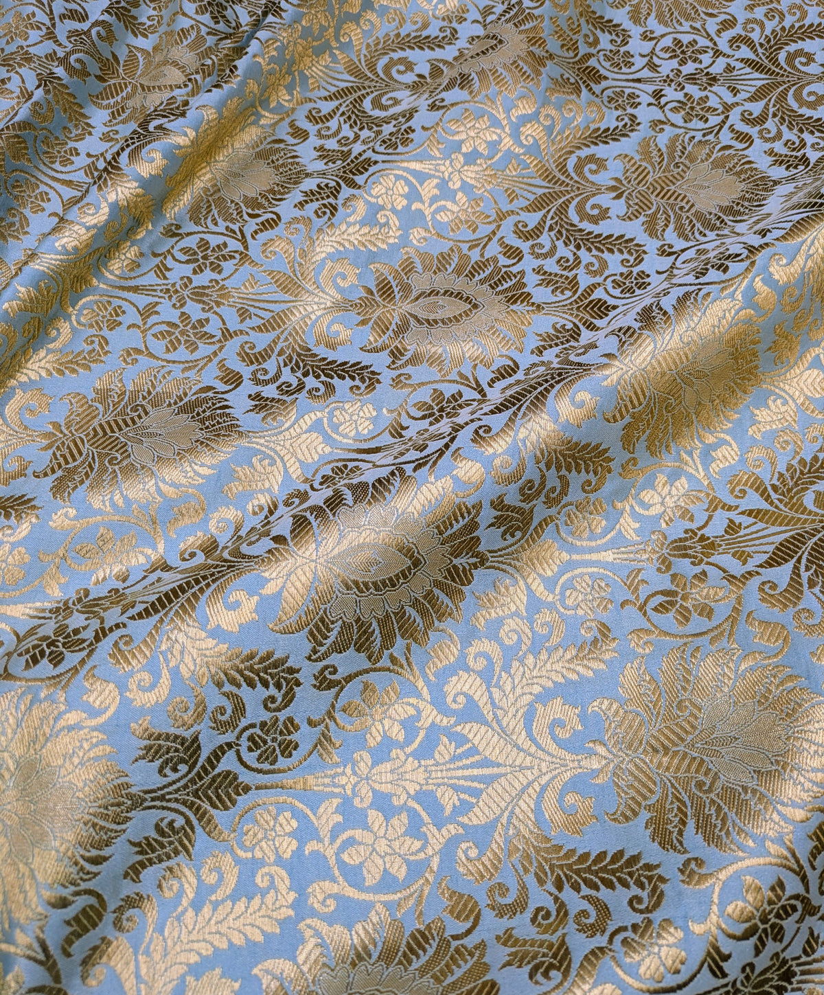 Indian Brocade fabric Jacquard damask fabric Grayish blue Gold fabric Wedding bridal fabric Luxury dress fabric Upholstery fabric by the yard NFAF510