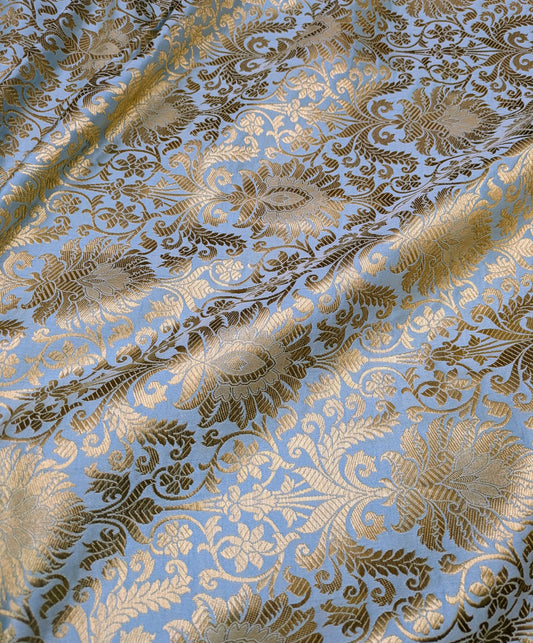 Indian Brocade fabric Jacquard damask fabric Grayish blue Gold fabric Wedding bridal fabric Luxury dress fabric Upholstery fabric by the yard NFAF510
