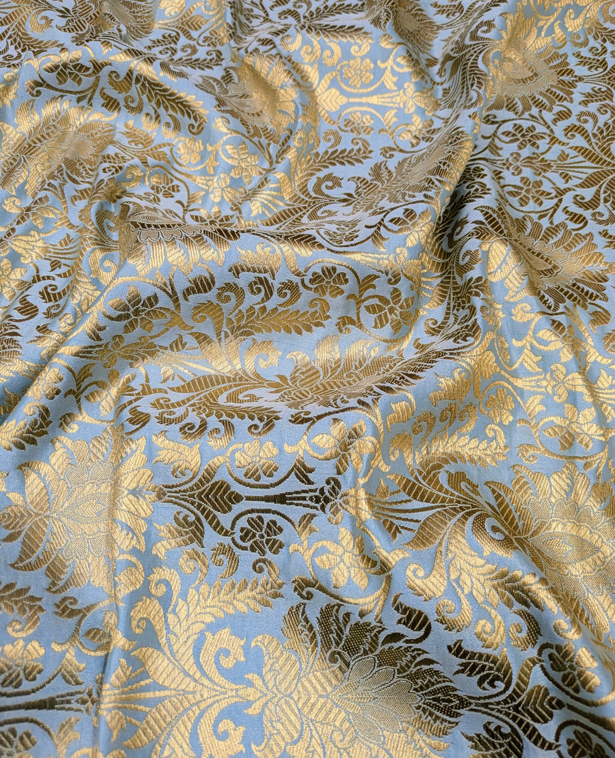 Indian Brocade fabric Jacquard damask fabric Grayish blue Gold fabric Wedding bridal fabric Luxury dress fabric Upholstery fabric by the yard NFAF510