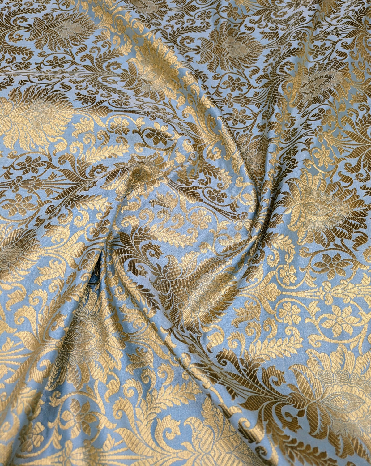 Indian Brocade fabric Jacquard damask fabric Grayish blue Gold fabric Wedding bridal fabric Luxury dress fabric Upholstery fabric by the yard NFAF510