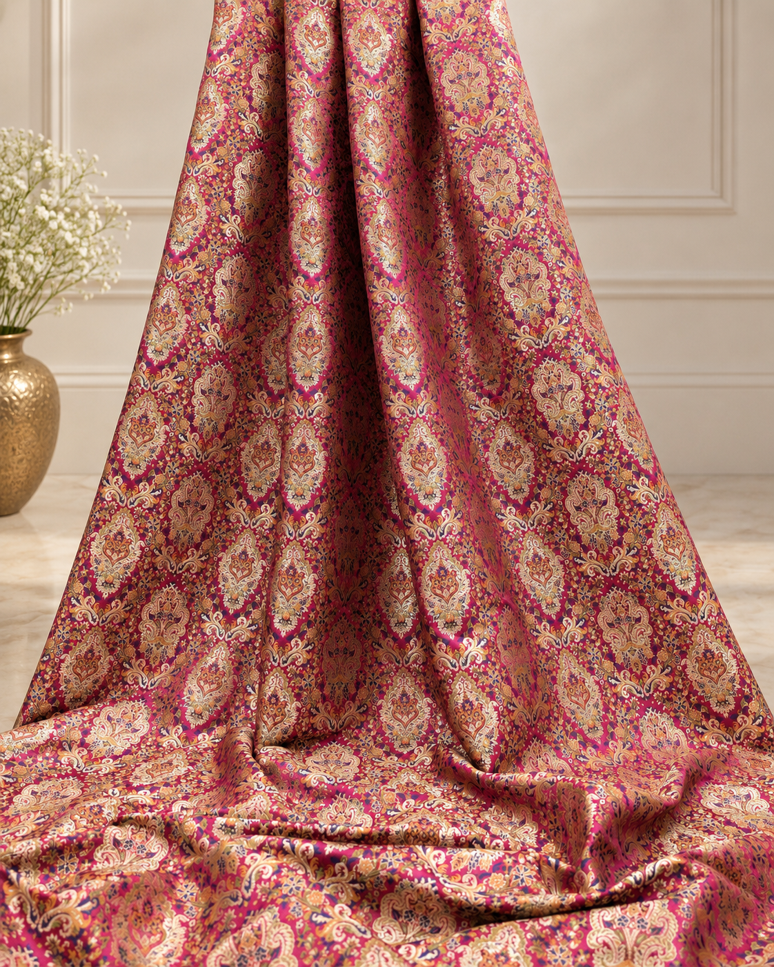 Brocade fabric Jacquard Damask Fabric Pink Gold Brocade Wedding Dress fabric Rayon Silk brocade Bridal fabric Upholstery Fabric by the yard
