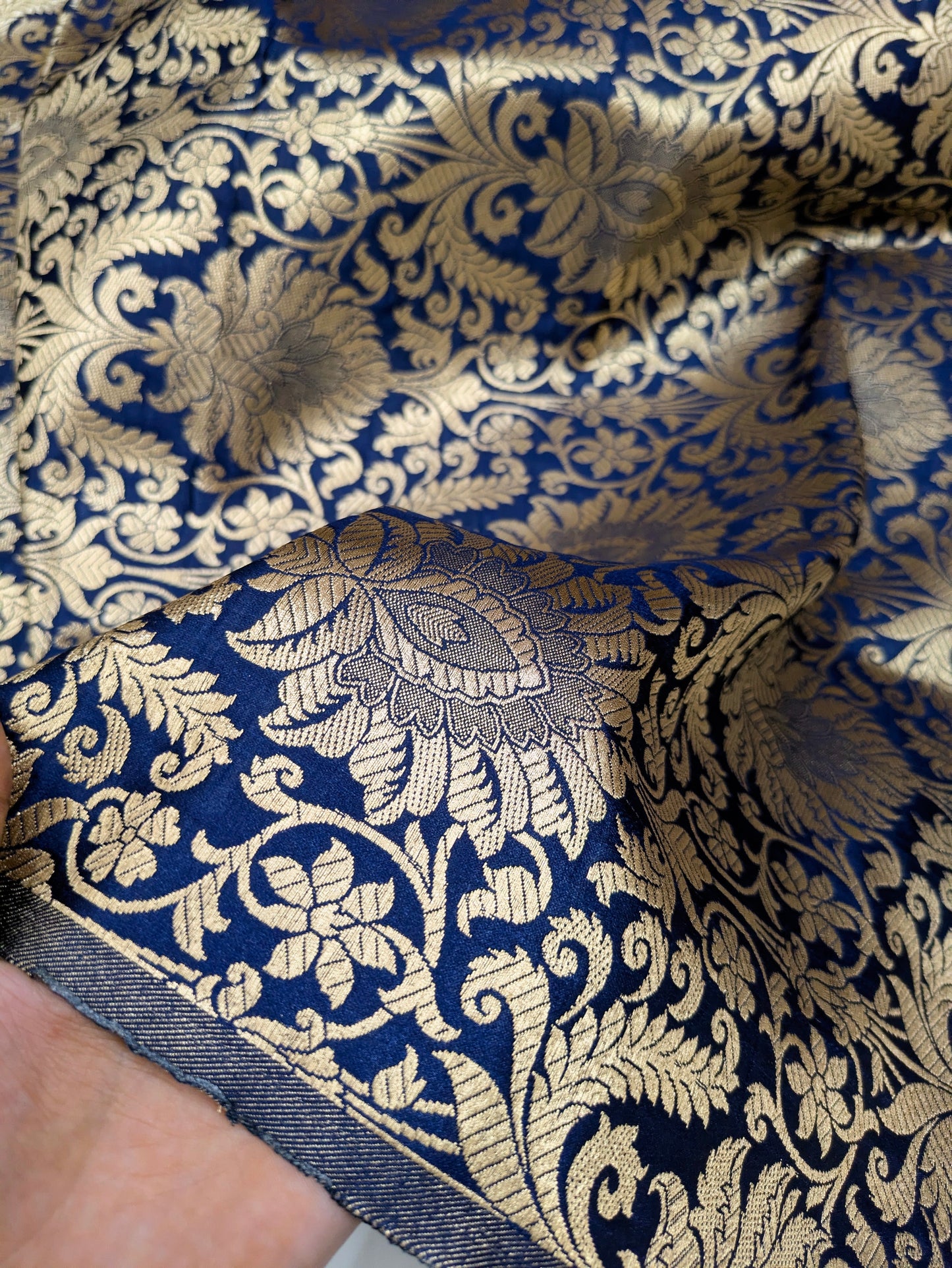 Banarasi Brocade Fabric, Navy Blue Gold Home décor fabric, Historical fabric, Rayon silk brocade, Gothic fabric, Vintage textile - NFAF513