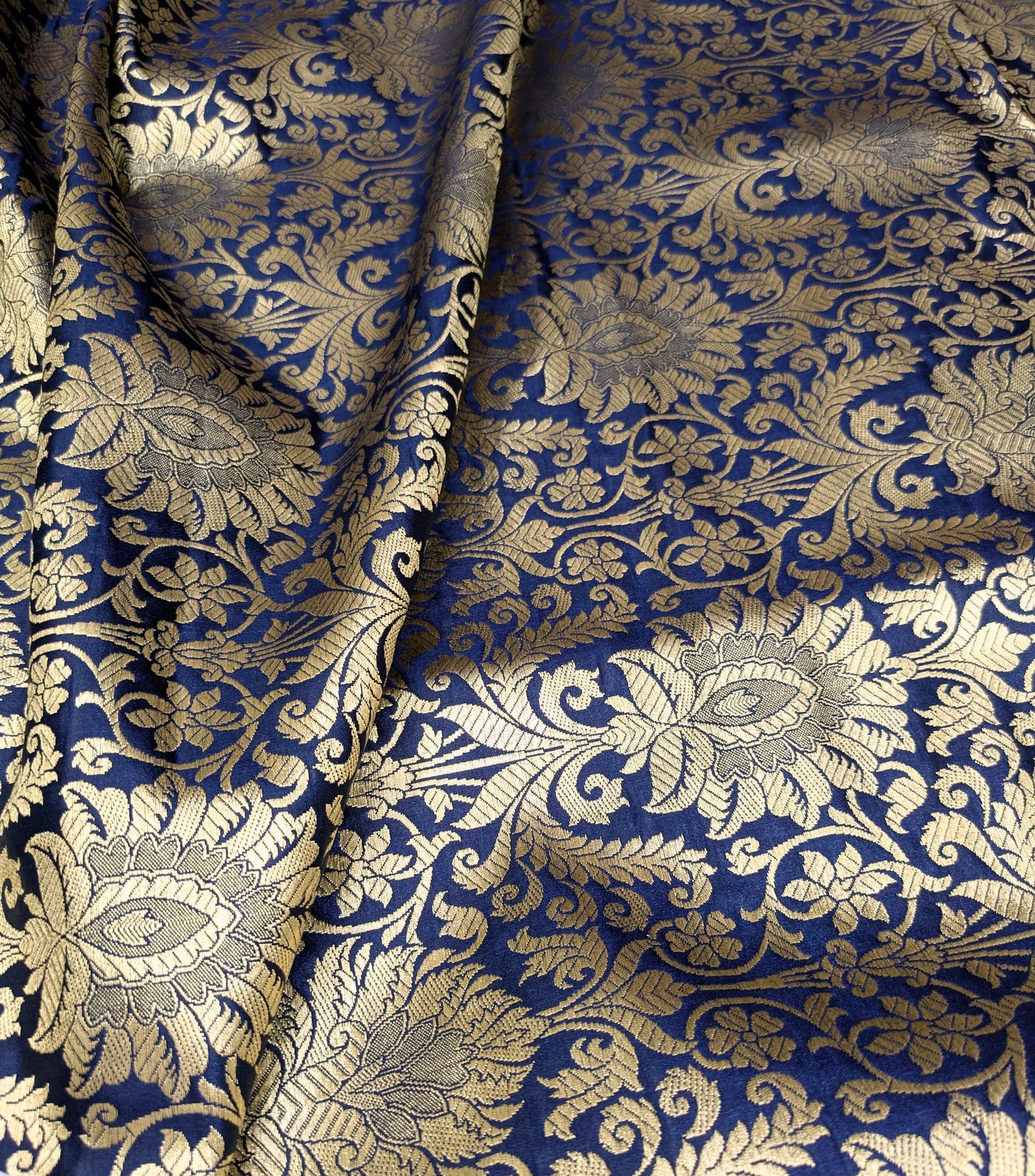 Banarasi Brocade Fabric, Navy Blue Gold Home décor fabric, Historical fabric, Rayon silk brocade, Gothic fabric, Vintage textile - NFAF513