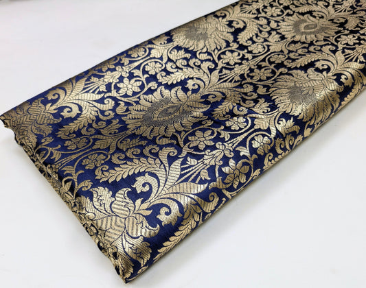Banarasi Brocade Fabric, Navy Blue Gold Home décor fabric, Historical fabric, Rayon silk brocade, Gothic fabric, Vintage textile - NFAF513