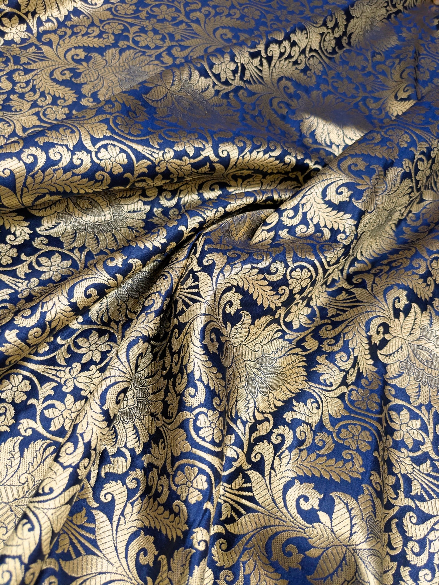 Banarasi Brocade Fabric, Navy Blue Gold Home décor fabric, Historical fabric, Rayon silk brocade, Gothic fabric, Vintage textile - NFAF513