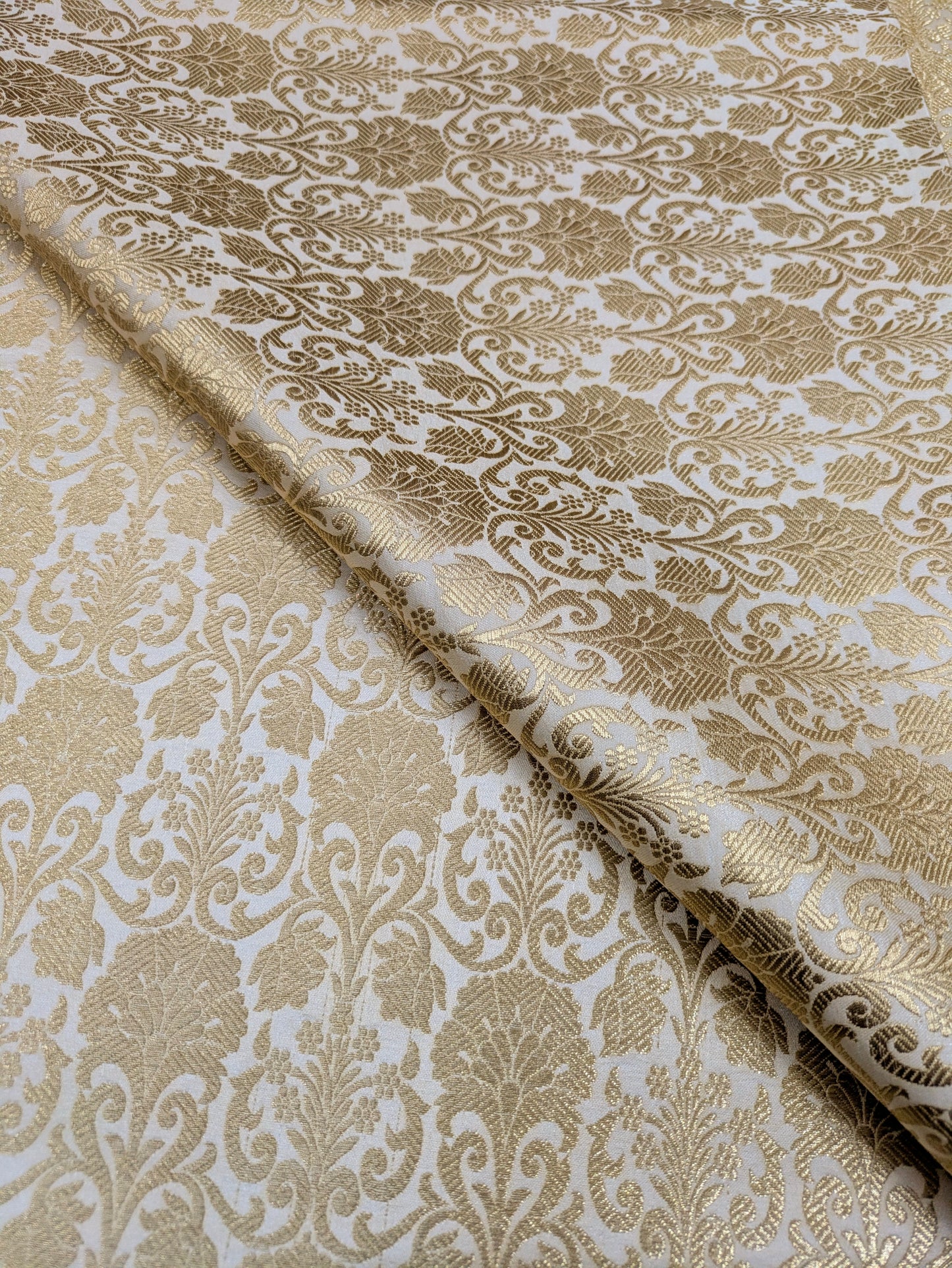 Banarasi Brocade fabric, White Gold Wedding inspiration fabric, Damask jacquard brocade, Gothic fabric, Renaissance fabric - NFAF520