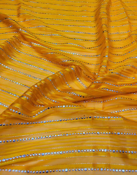Yellow silver embroidered Fabric, Sheer Organza fabric, Designer fabric, Bridesmaid dress, Indian fabric, Royal fabric - NFAF529