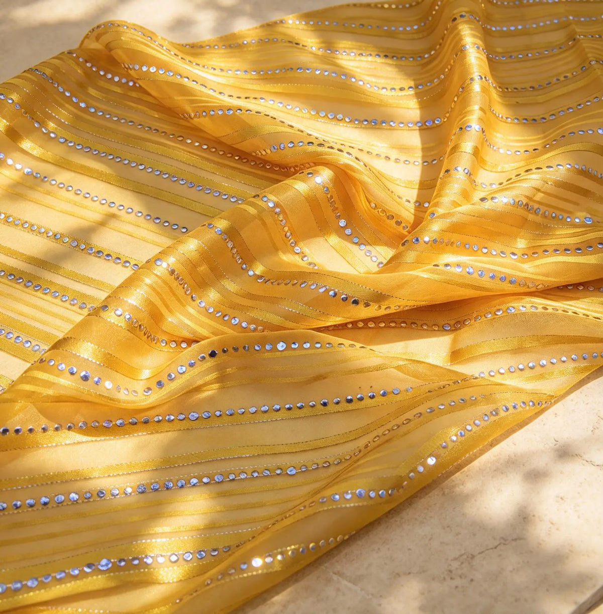 Yellow silver embroidered Fabric, Sheer Organza fabric, Designer fabric, Bridesmaid dress, Indian fabric, Royal fabric - NFAF529