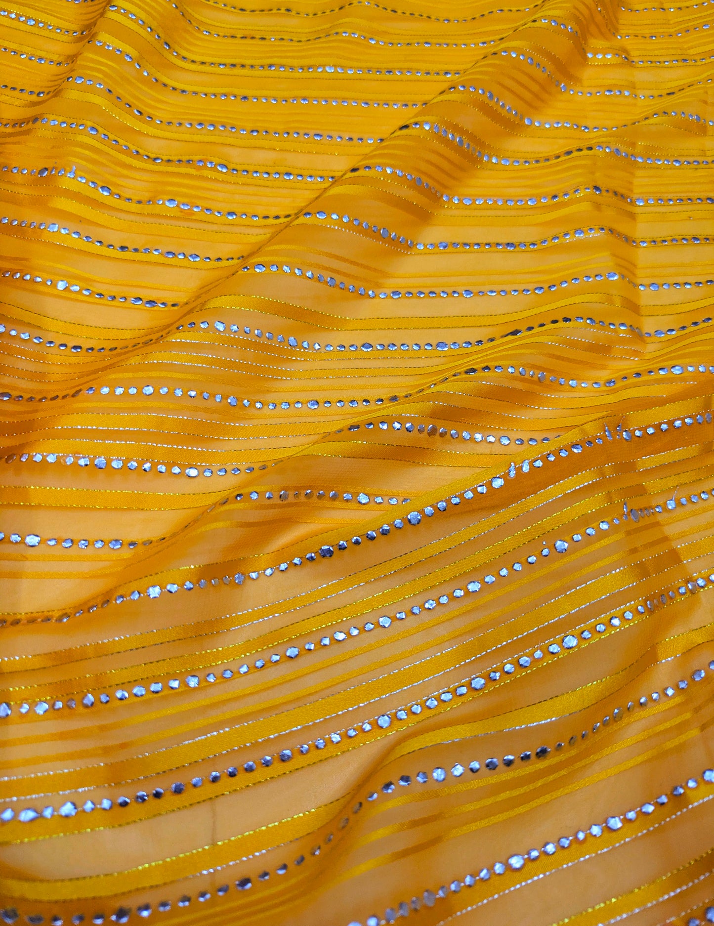 Yellow silver embroidered Fabric, Sheer Organza fabric, Designer fabric, Bridesmaid dress, Indian fabric, Royal fabric - NFAF529