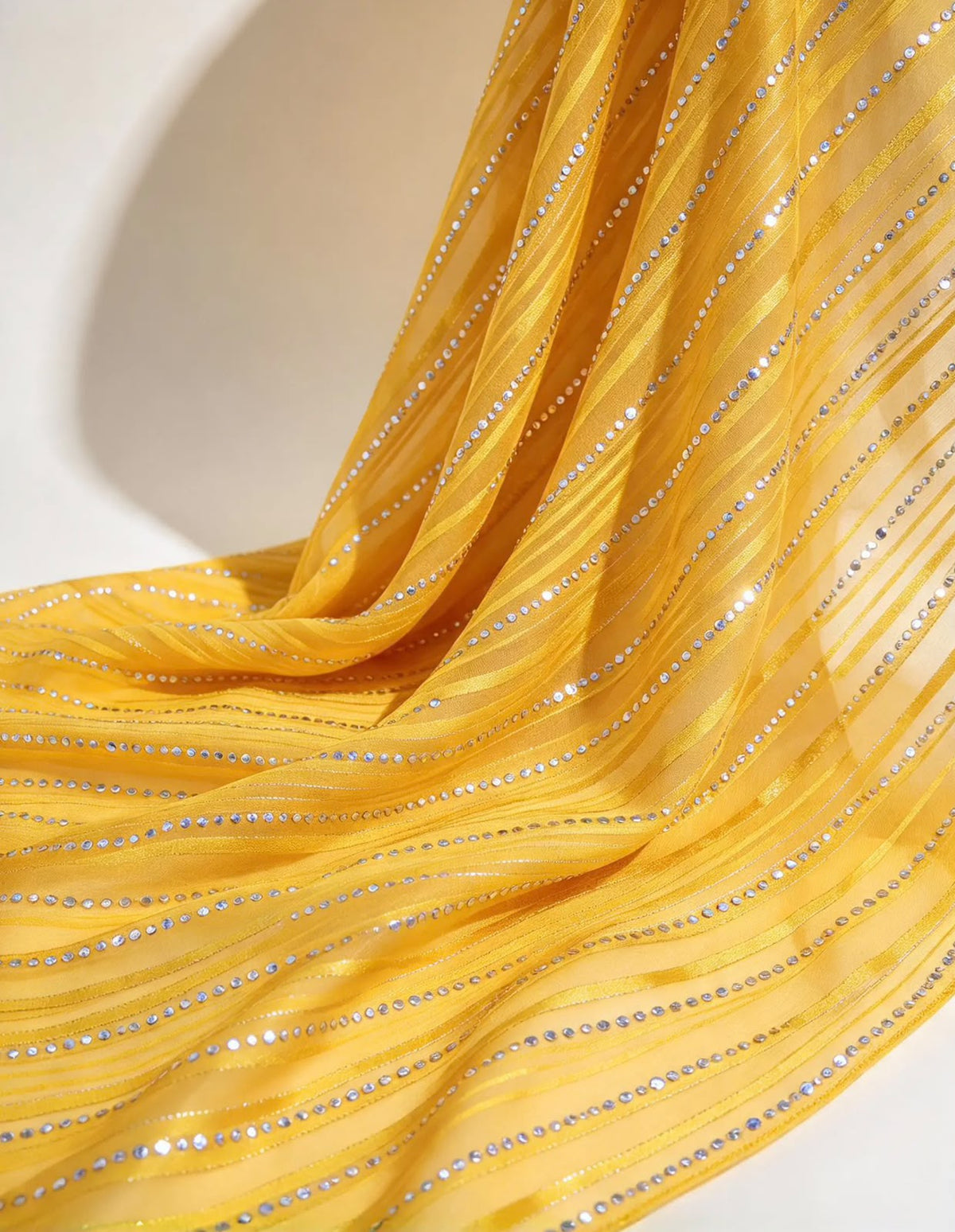 Yellow silver embroidered Fabric, Sheer Organza fabric, Designer fabric, Bridesmaid dress, Indian fabric, Royal fabric - NFAF529