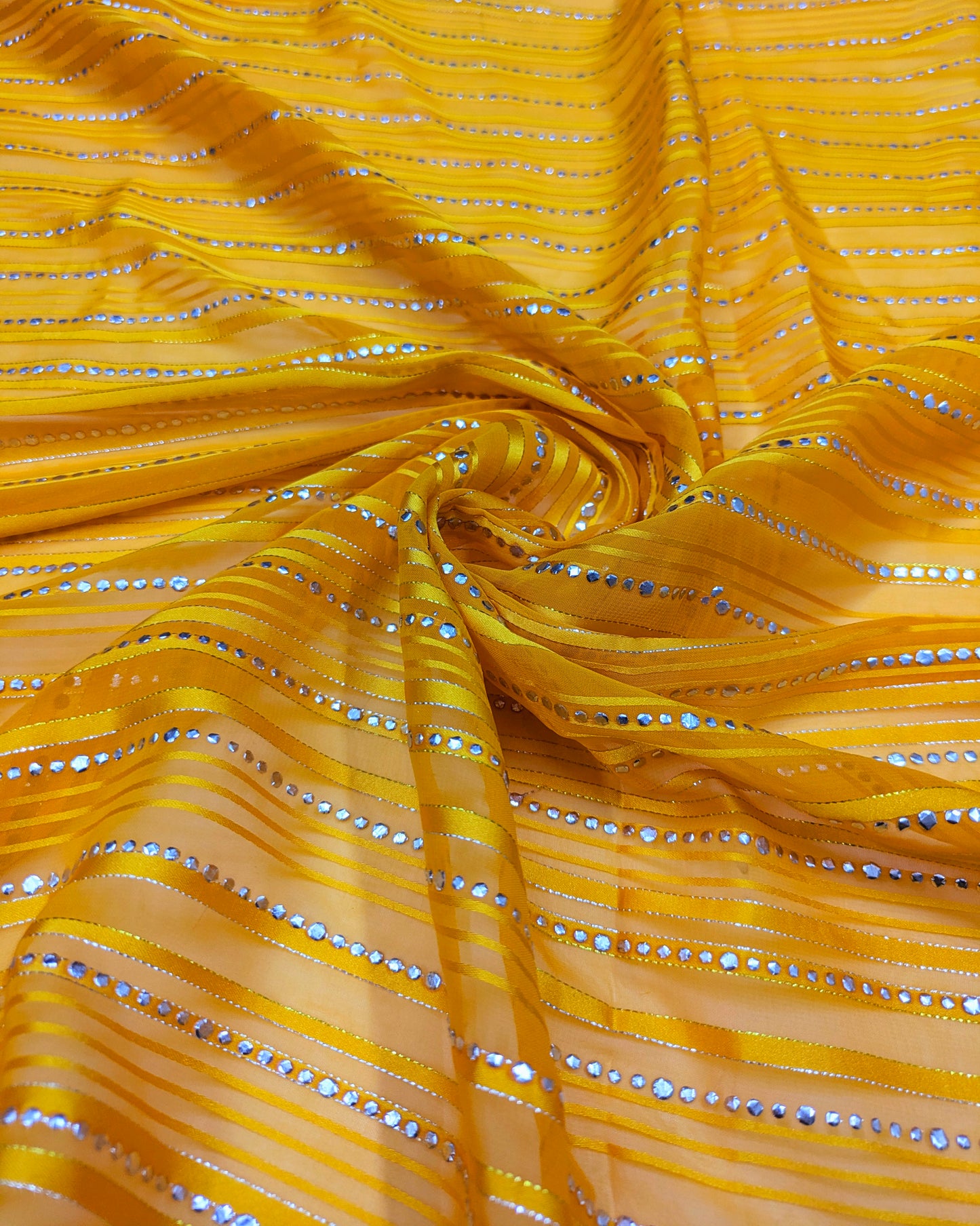 Yellow silver embroidered Fabric, Sheer Organza fabric, Designer fabric, Bridesmaid dress, Indian fabric, Royal fabric - NFAF529