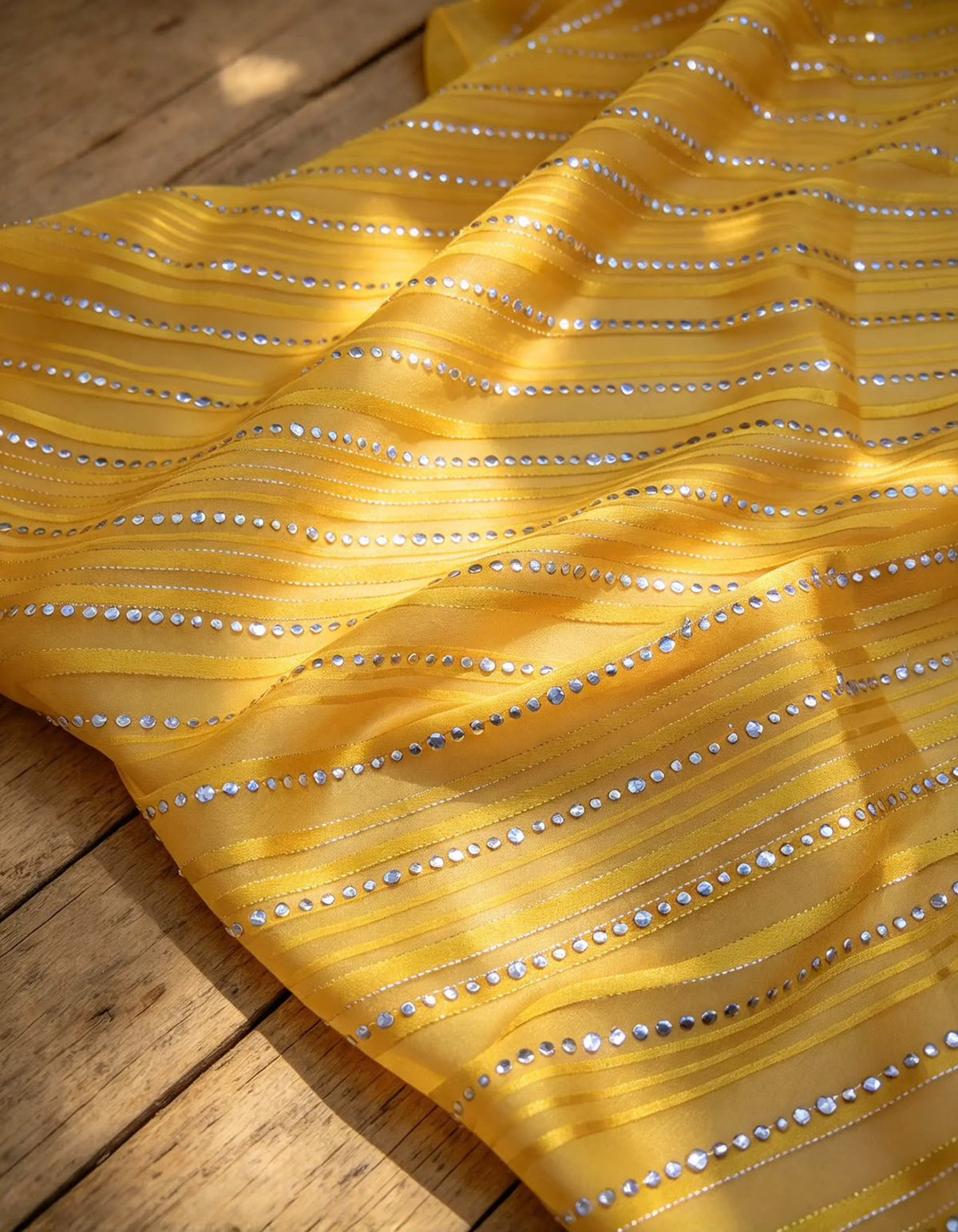 Yellow silver embroidered Fabric, Sheer Organza fabric, Designer fabric, Bridesmaid dress, Indian fabric, Royal fabric - NFAF529