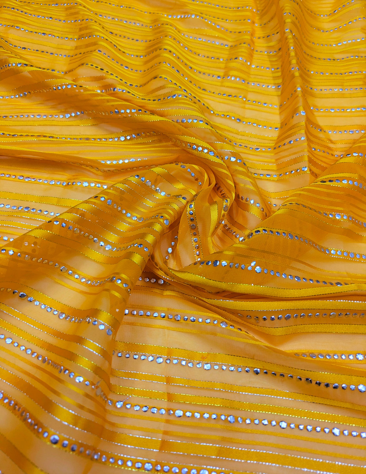 Yellow silver embroidered Fabric, Sheer Organza fabric, Designer fabric, Bridesmaid dress, Indian fabric, Royal fabric - NFAF529
