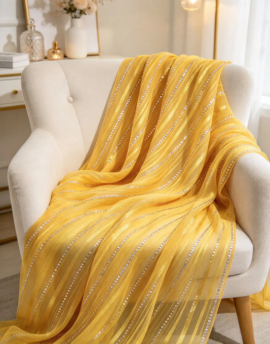 Yellow silver embroidered Fabric, Sheer Organza fabric, Designer fabric, Bridesmaid dress, Indian fabric, Royal fabric - NFAF529