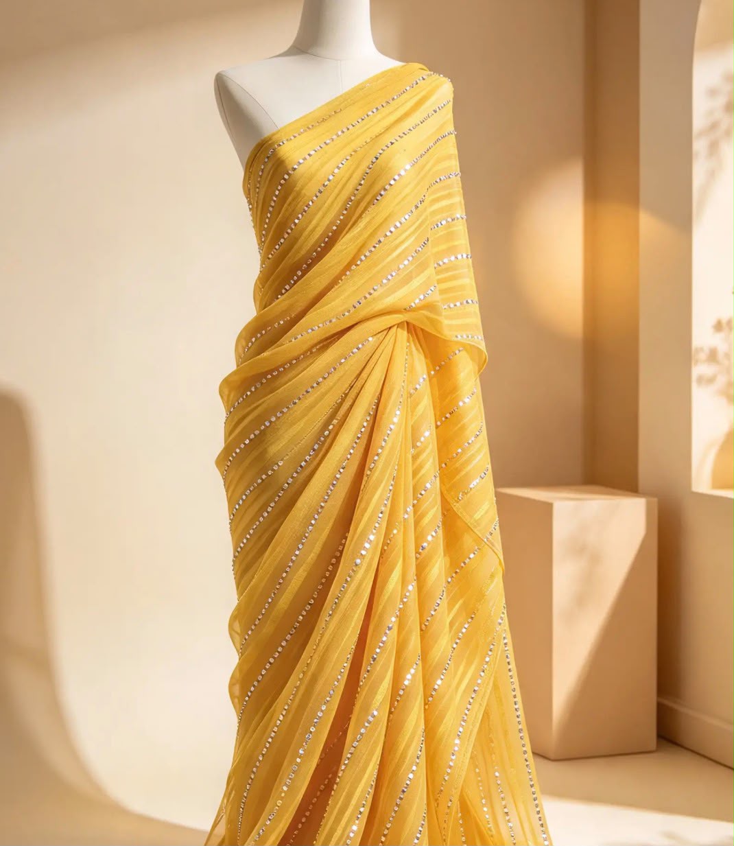 Yellow silver embroidered Fabric, Sheer Organza fabric, Designer fabric, Bridesmaid dress, Indian fabric, Royal fabric - NFAF529