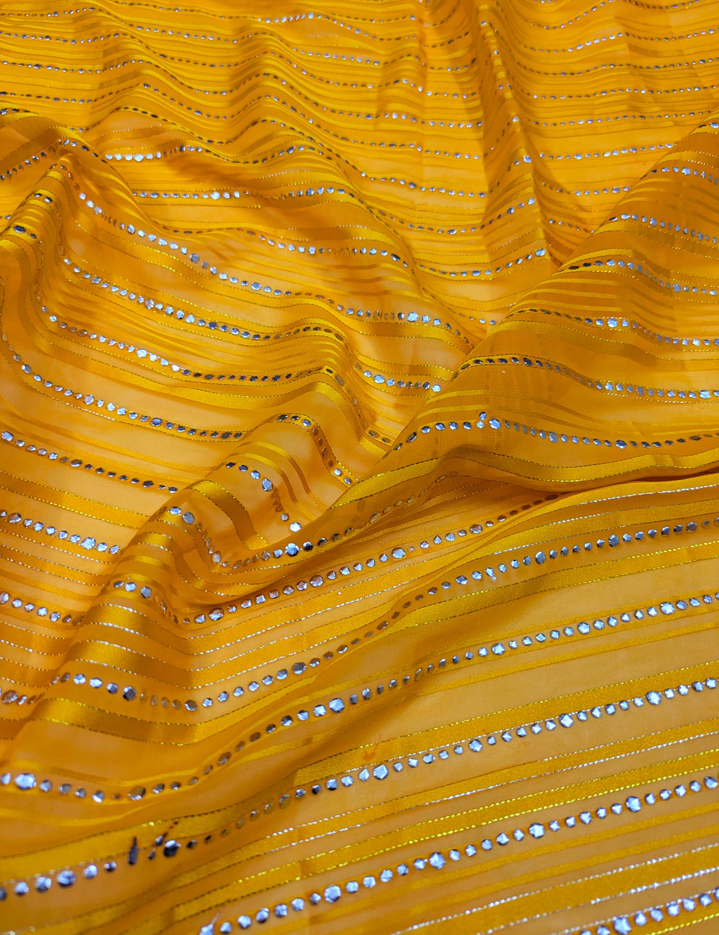 Yellow silver embroidered Fabric, Sheer Organza fabric, Designer fabric, Bridesmaid dress, Indian fabric, Royal fabric - NFAF529