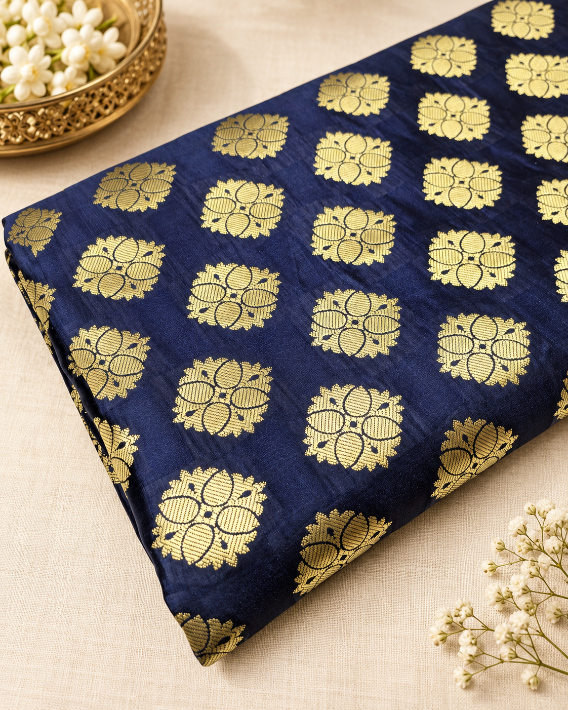 Banarasi Brocade fabric Blue and Gold Wedding dress fabric Renaissance fabric Designer fabric Party fabric by the yard/ meter - NFAF532
