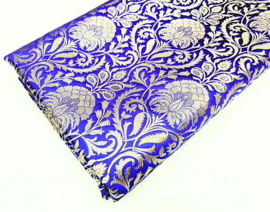 Indian Banarasi Brocade Fabric in Blue and Gold color, Multiple lengths will come in the continuous piece - NF535