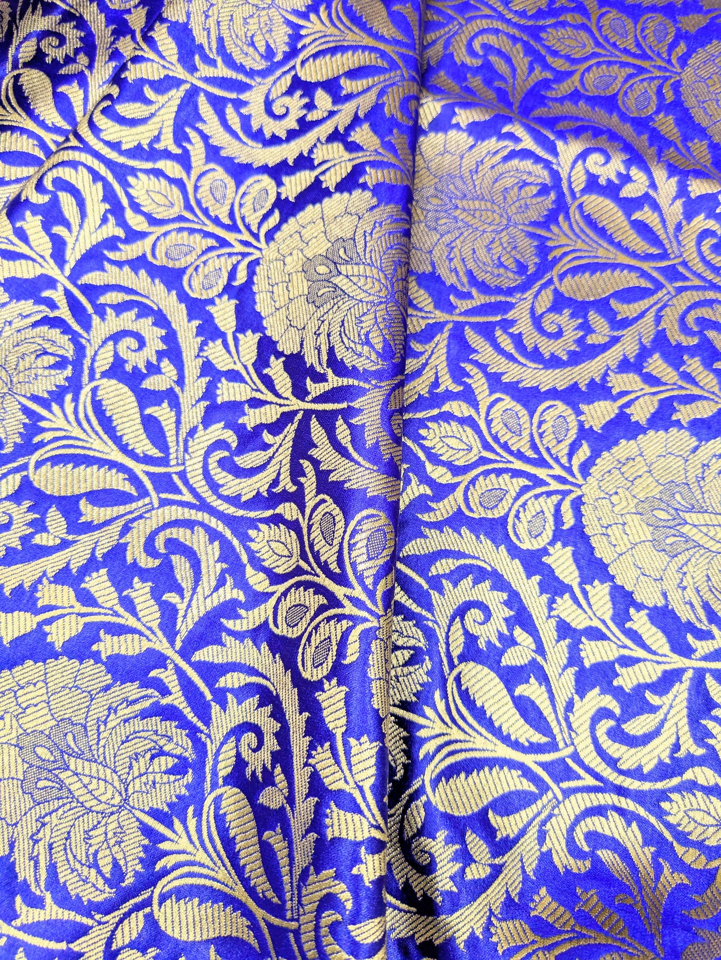 Indian Banarasi Brocade Fabric in Blue and Gold color, Multiple lengths will come in the continuous piece - NF535